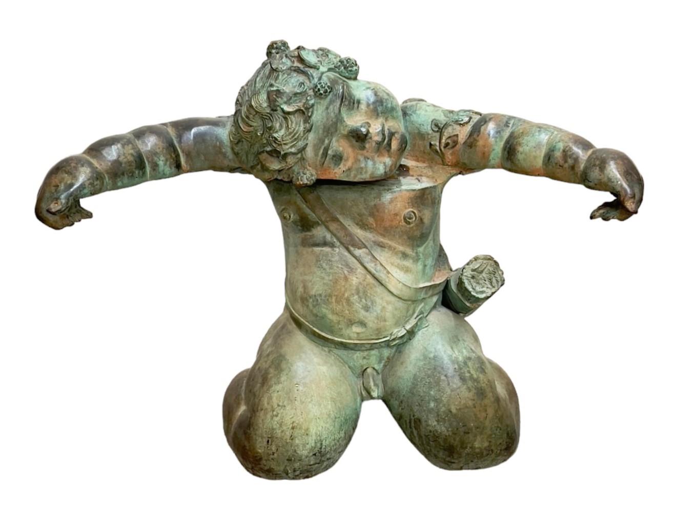 Italian mid century bronze cherub holding an piece of glass forming a coffee table. Each cherub is on its knees and extending their arms outward to hold the glass piece that makes the table top portion of this coffee table. There is wonderful patina