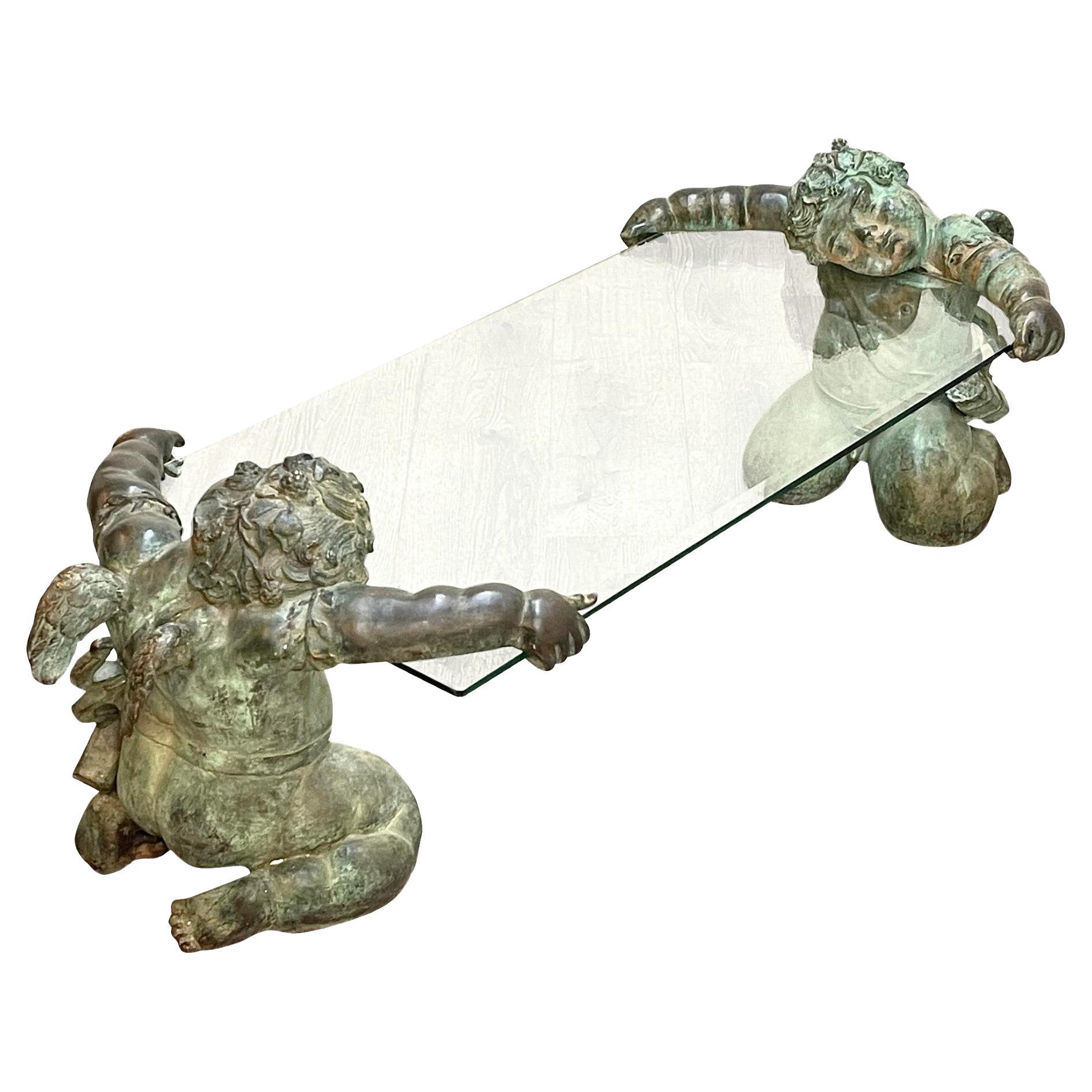 Italian Bronze Cherub Glass Coffee Table For Sale