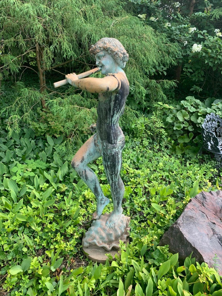 Neoclassical Italian Bronze Garden Statue or Fountain of Pan Playing Flute, Early 20th C For Sale