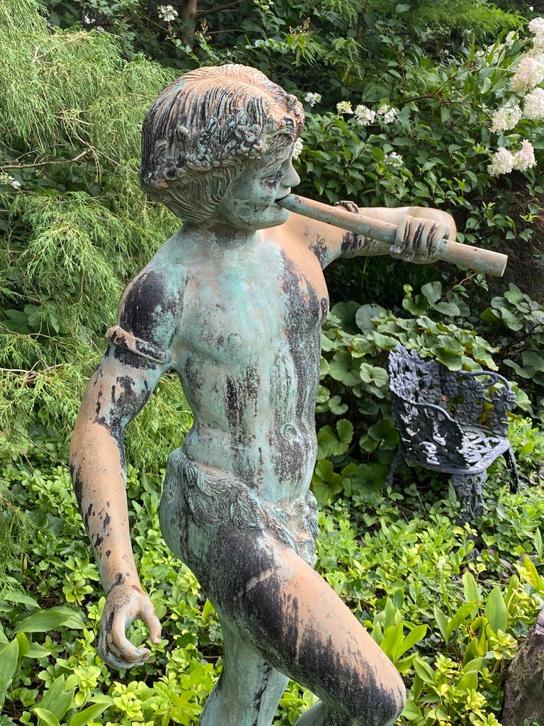 Italian Bronze Garden Statue or Fountain of Pan Playing Flute, Early 20th C For Sale 1
