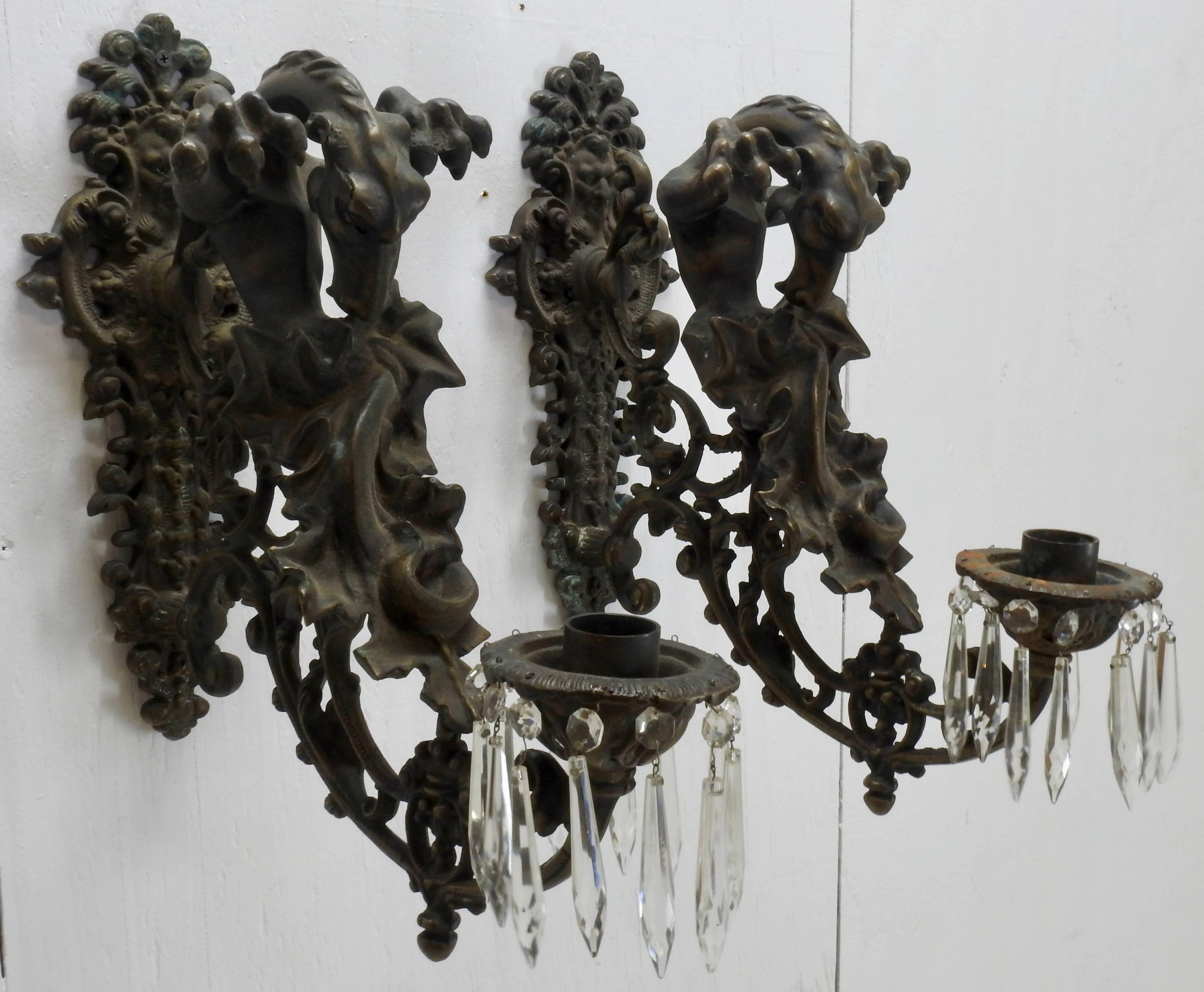 Hand-Crafted Italian Bronze Gothic Candle Sconces, Pair For Sale