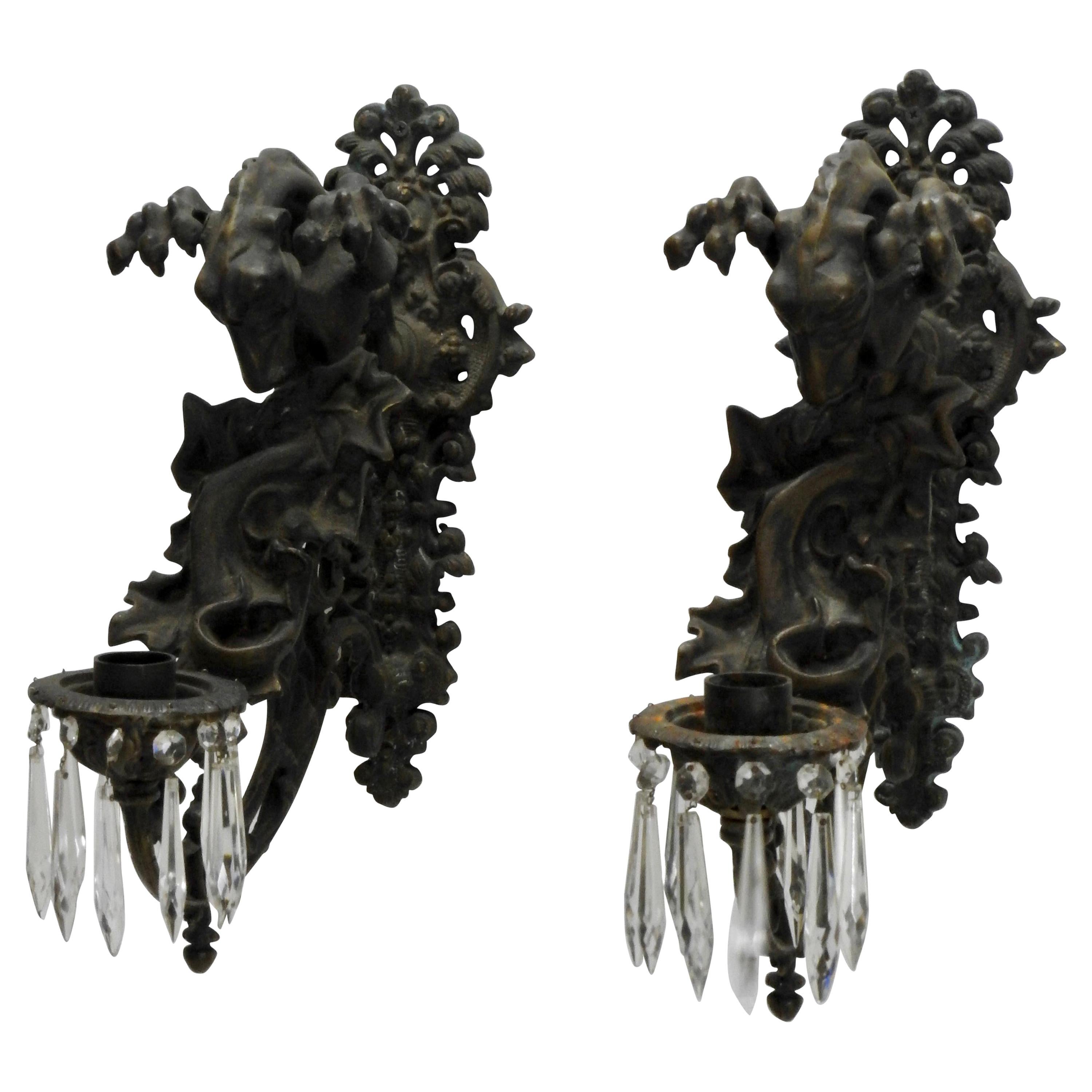 Italian Bronze Gothic Candle Sconces, Pair For Sale