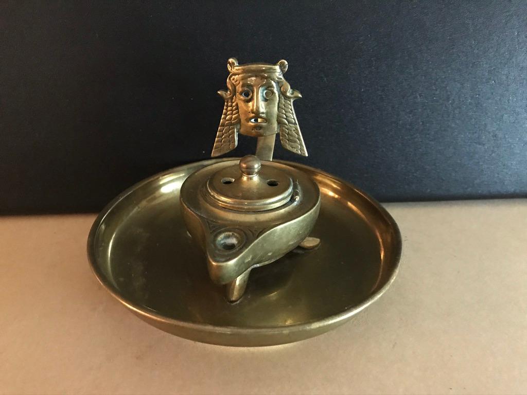 Cast Italian Bronze Grand Tour Oil Lamp with Greek Theater Mask