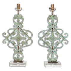 Italian Bronze Midcentury Table Lamps with Scrolling Motifs, on Lucite Bases