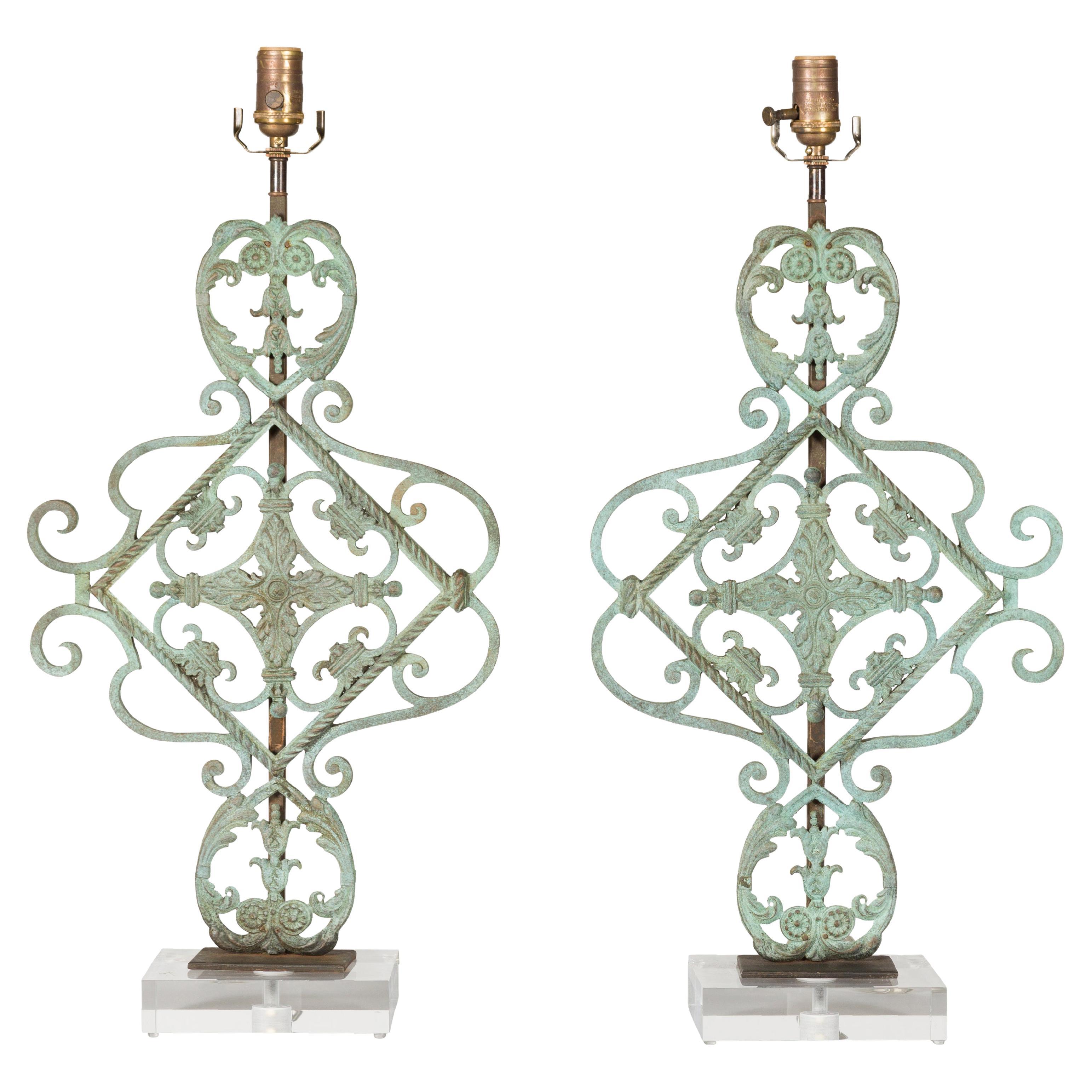 Italian Bronze Midcentury Table Lamps with Scrolling Motifs, on Lucite Bases