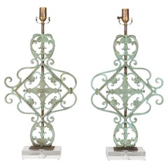 Vintage Italian Bronze Midcentury Table Lamps with Scrolling Motifs, on Lucite Bases
