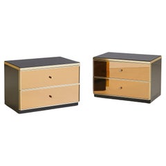 Italian Bronze Mirror + Smoked Glass Nightstand, 1970s - 2 Available