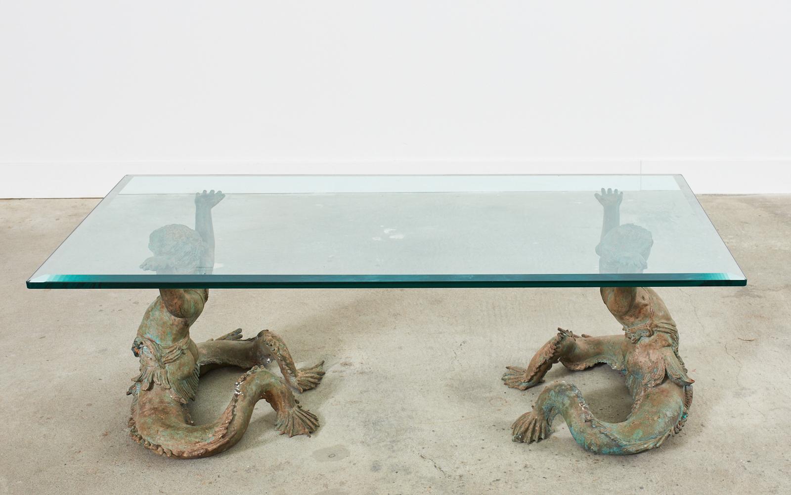 Italian Bronze Neoclassical Putti Di Mare Mermaid Cocktail Table For Sale 11