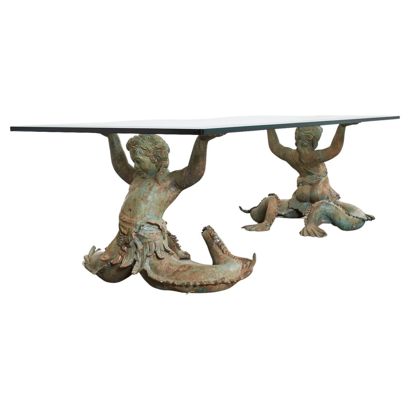Italian Bronze Neoclassical Putti Di Mare Mermaid Cocktail Table For Sale