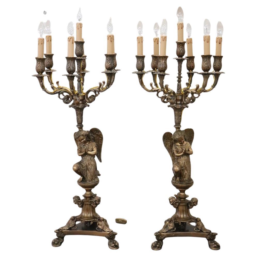 Italian Bronze Pair of Antique Candelabras or Table Lamps with Seven Lights