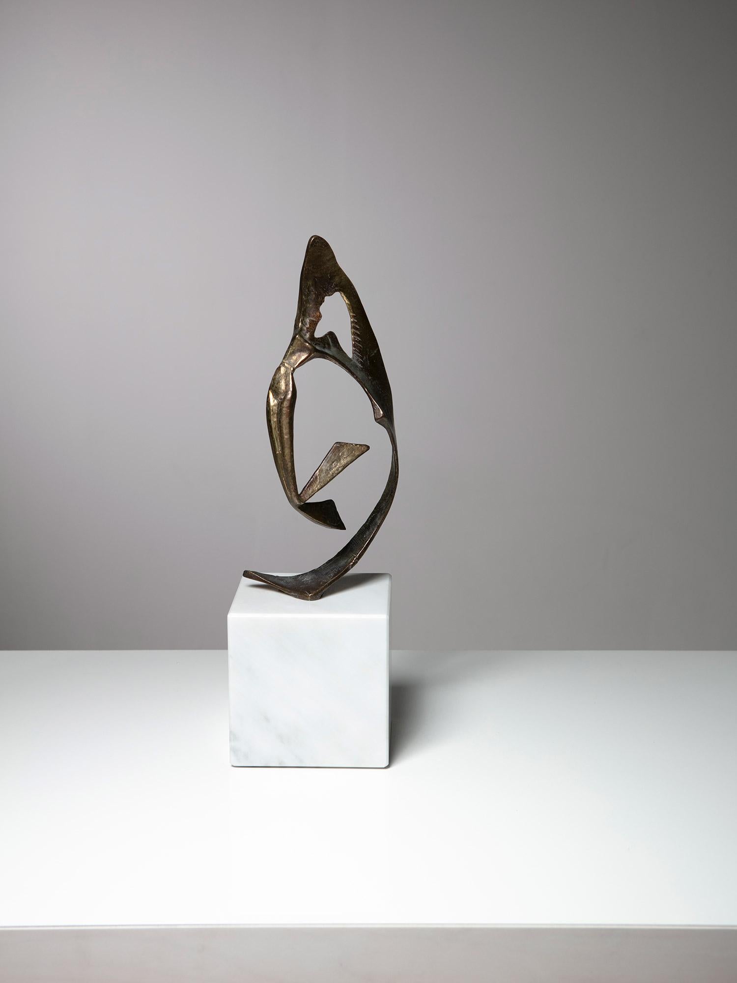 Bronze abstract sculpture on bianco assoluto white marble base.