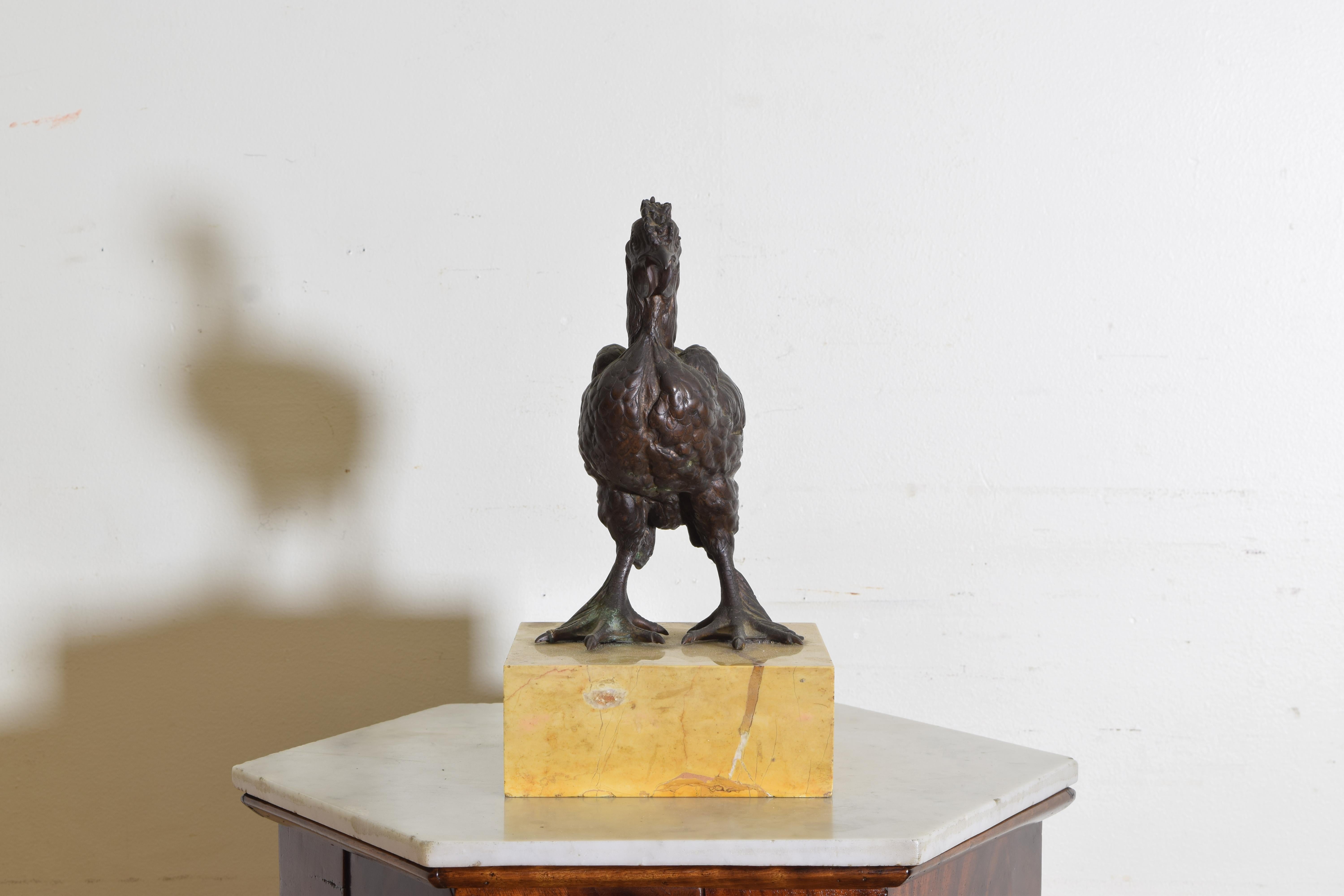 Early 20th Century Italian Bronze Sculpture of a Cockerel Mounted on a Solid Marble Base circa 1900