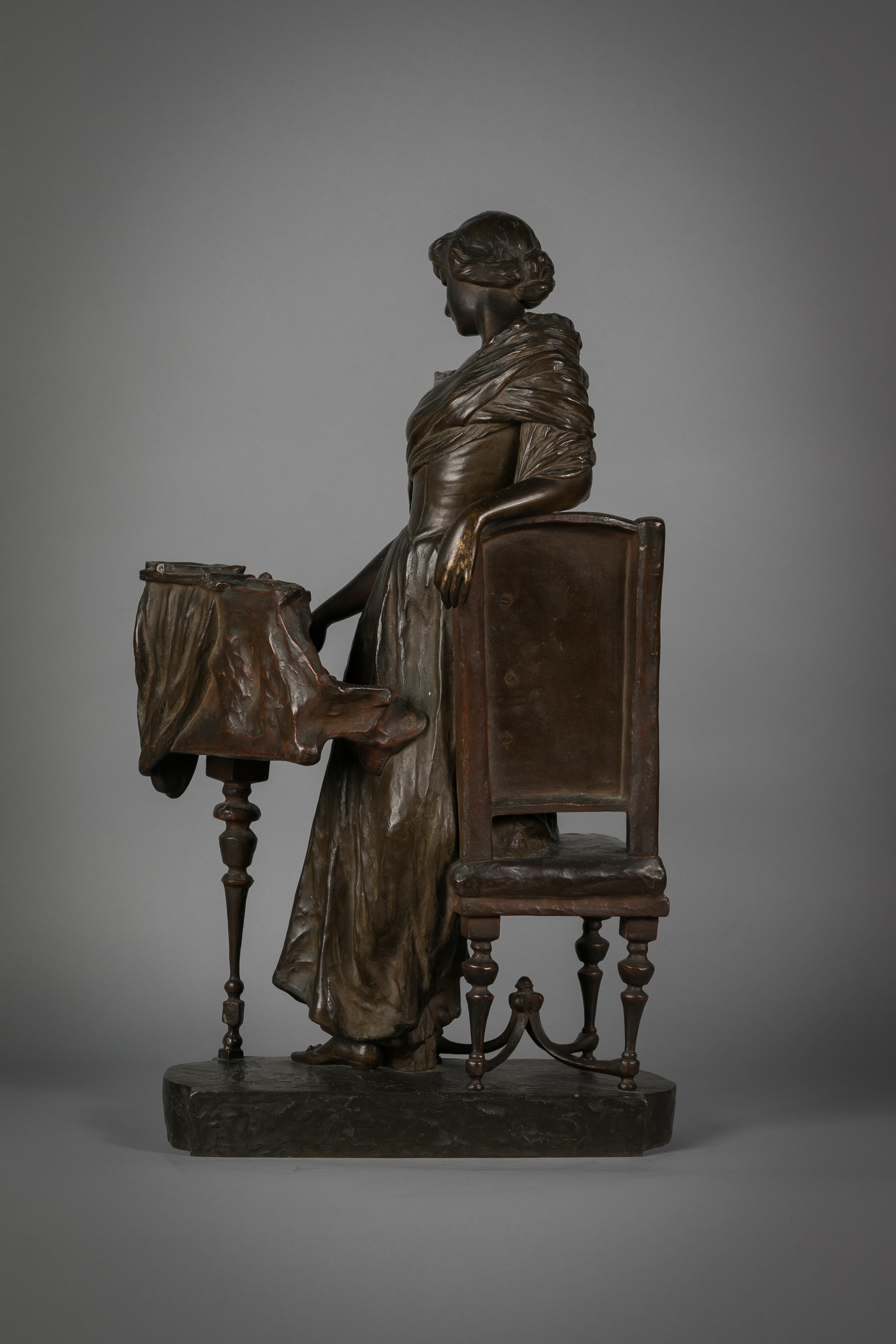 Italian bronze sculpture of woman playing a pianoforte, signed Saverid Sortini (1860-1925).