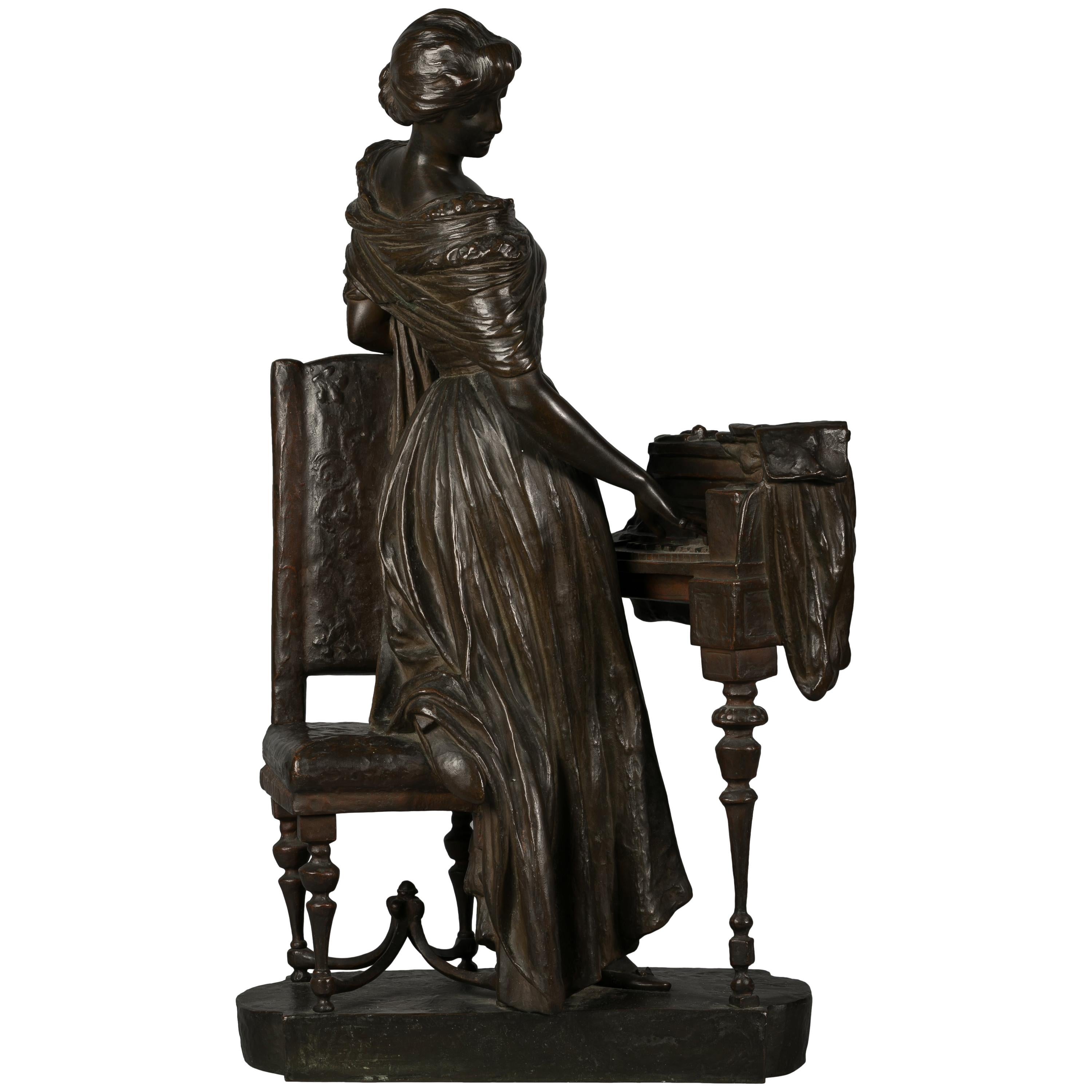 Italian Bronze Sculpture of Woman Playing a Pianoforte, Signed Saverid Sortini For Sale