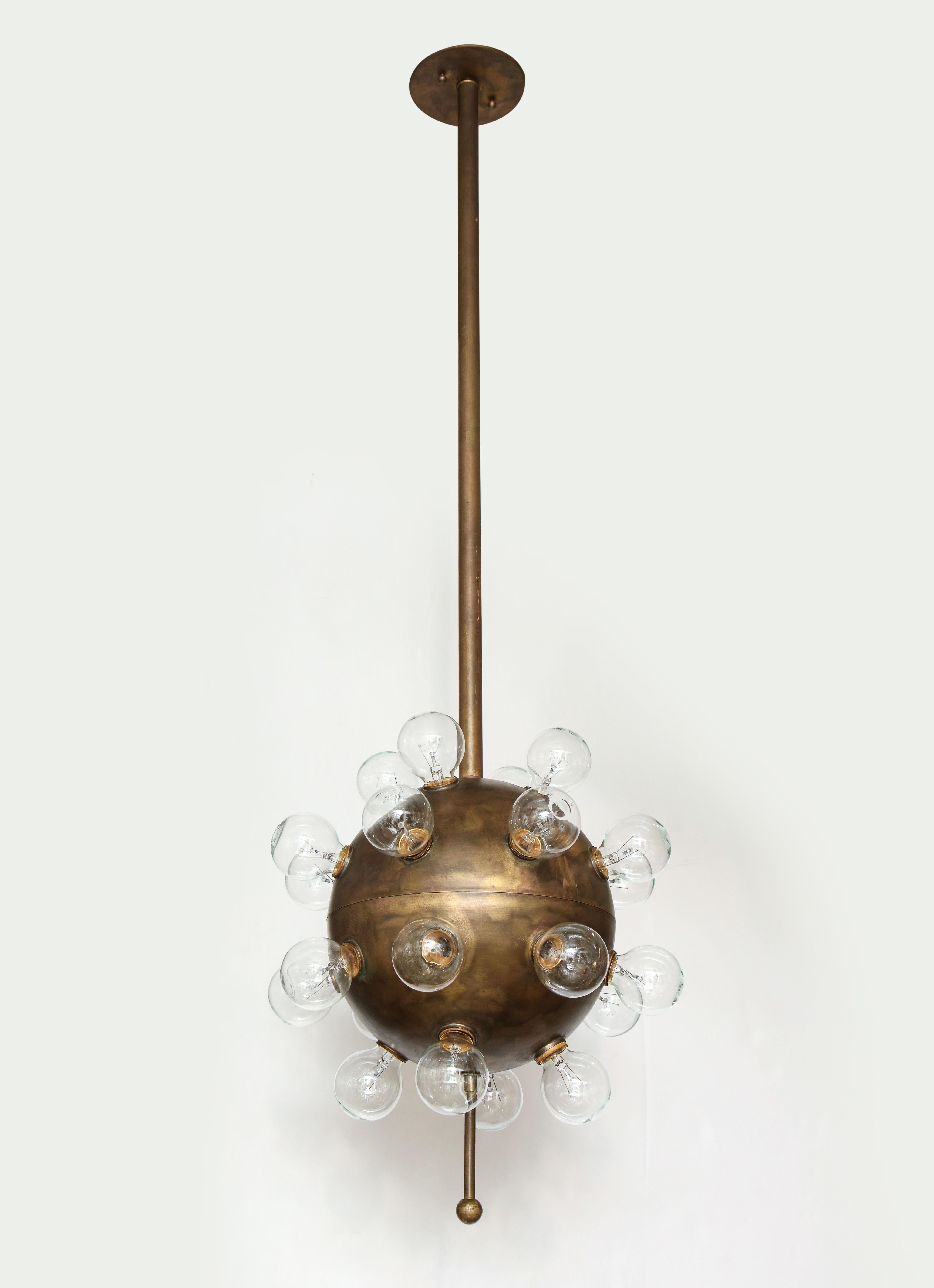 Majestic Italian aged bronze Sputnik chandelier with 24-light sources. Rewired for use in the USA. 