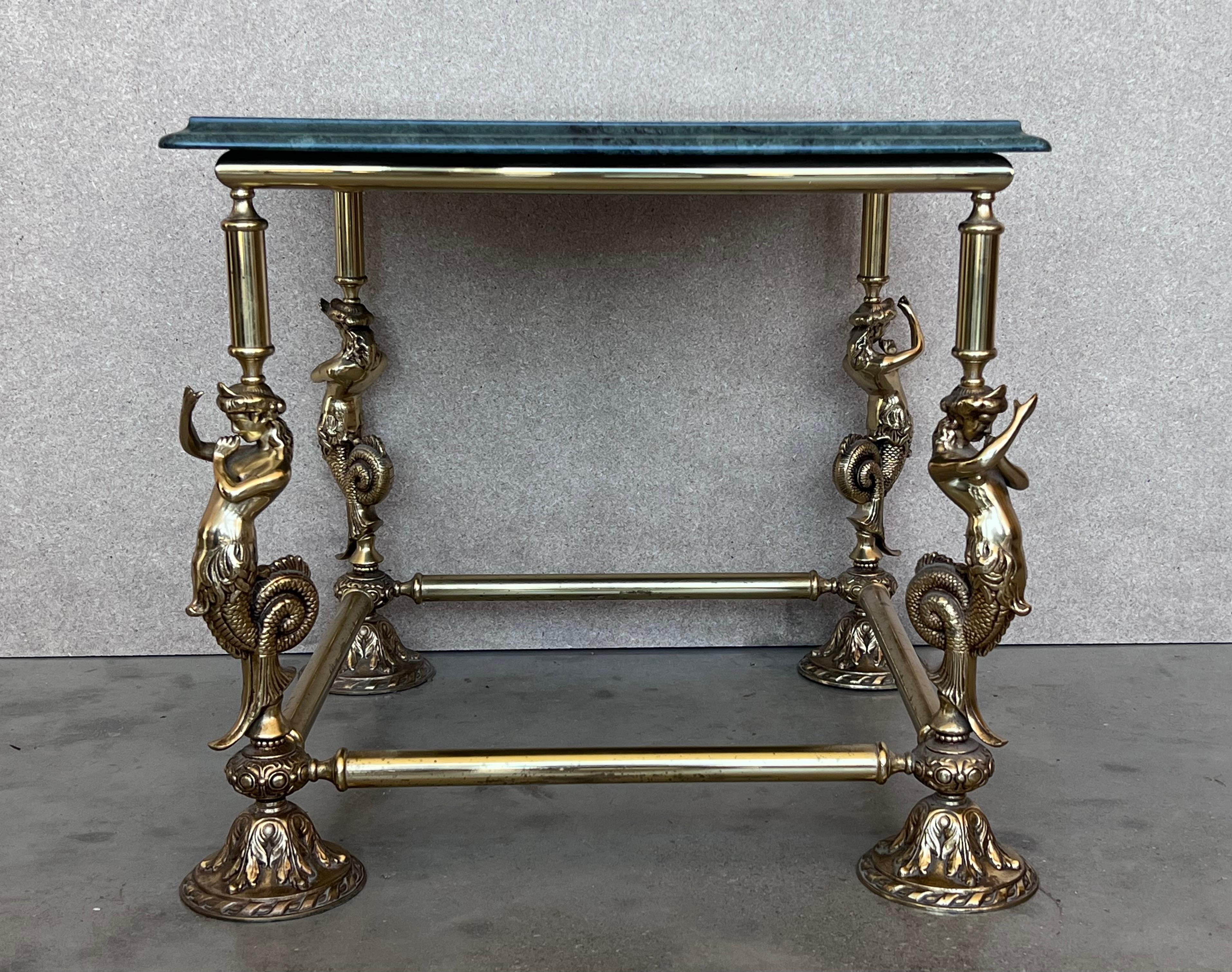 Gorgeous Gueridon or endtable with sculptures of fauns as a structure, patinated bronze and green marble top. The structure is made up of a four legs as a shaft and a square bronze base that supports the countertop. The sophisticated touch is
