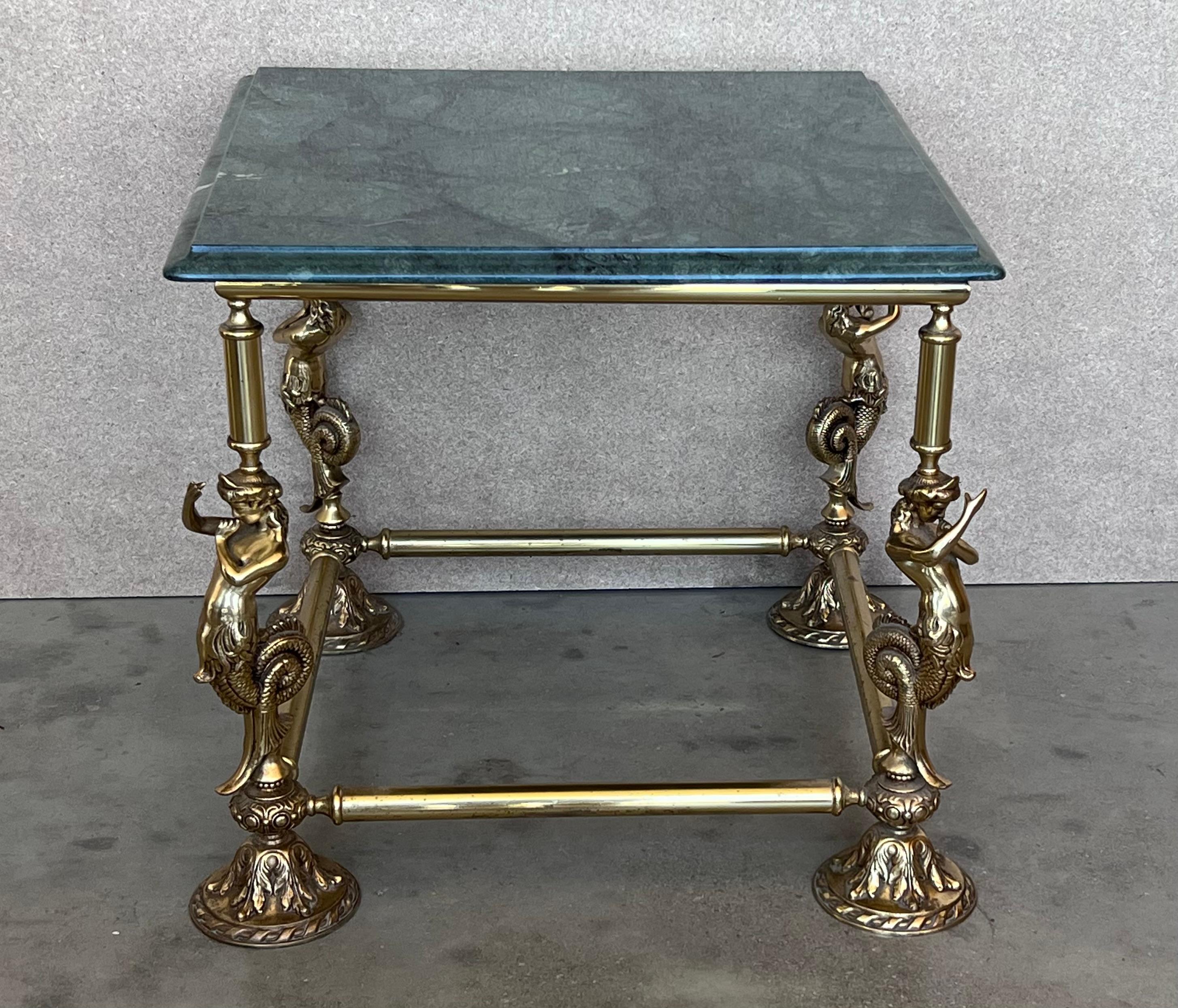 Neoclassical Italian Bronze Square Side Table with Green Marble Top, circa 1845 For Sale
