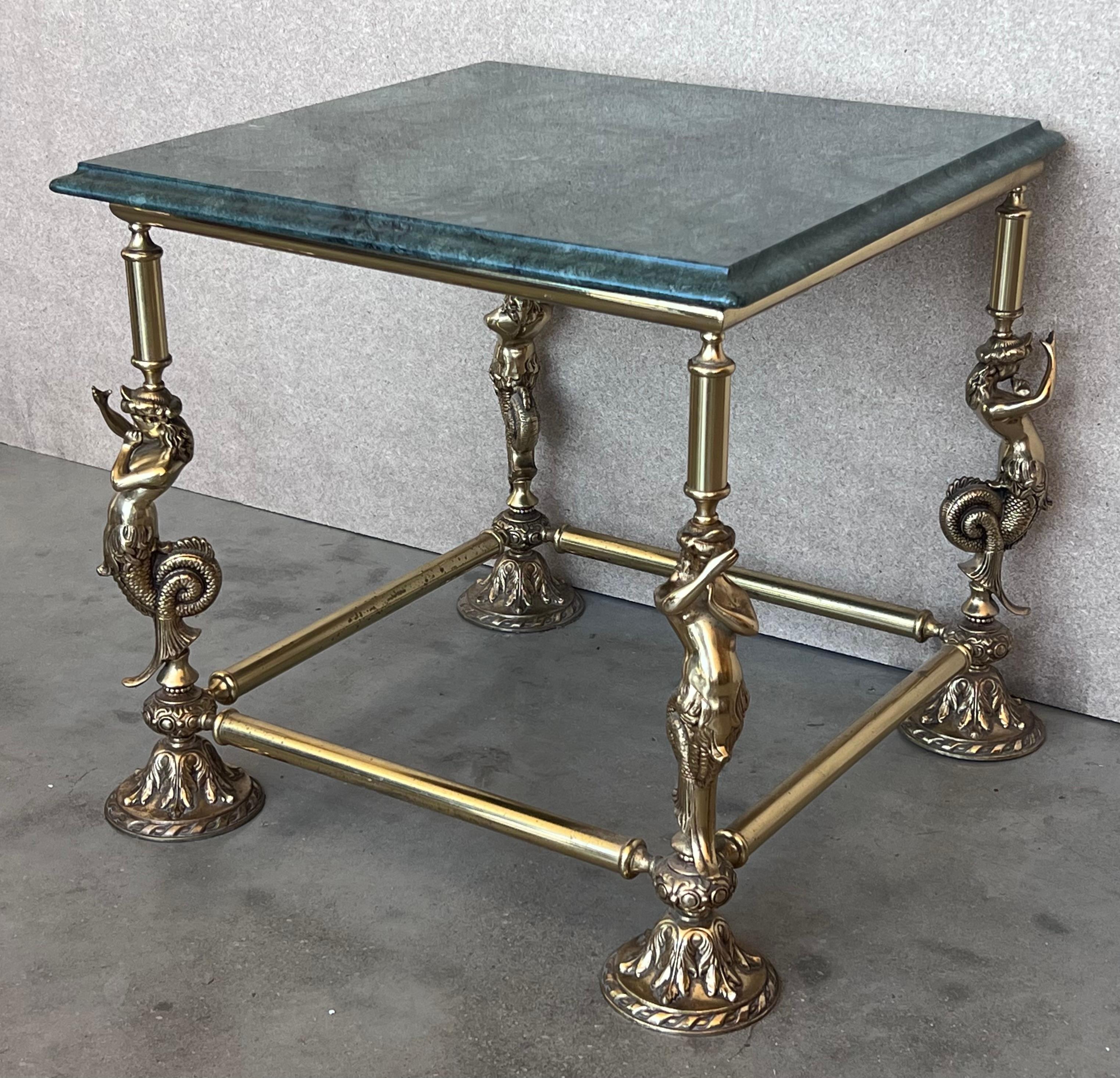 Spanish Italian Bronze Square Side Table with Green Marble Top, circa 1845 For Sale
