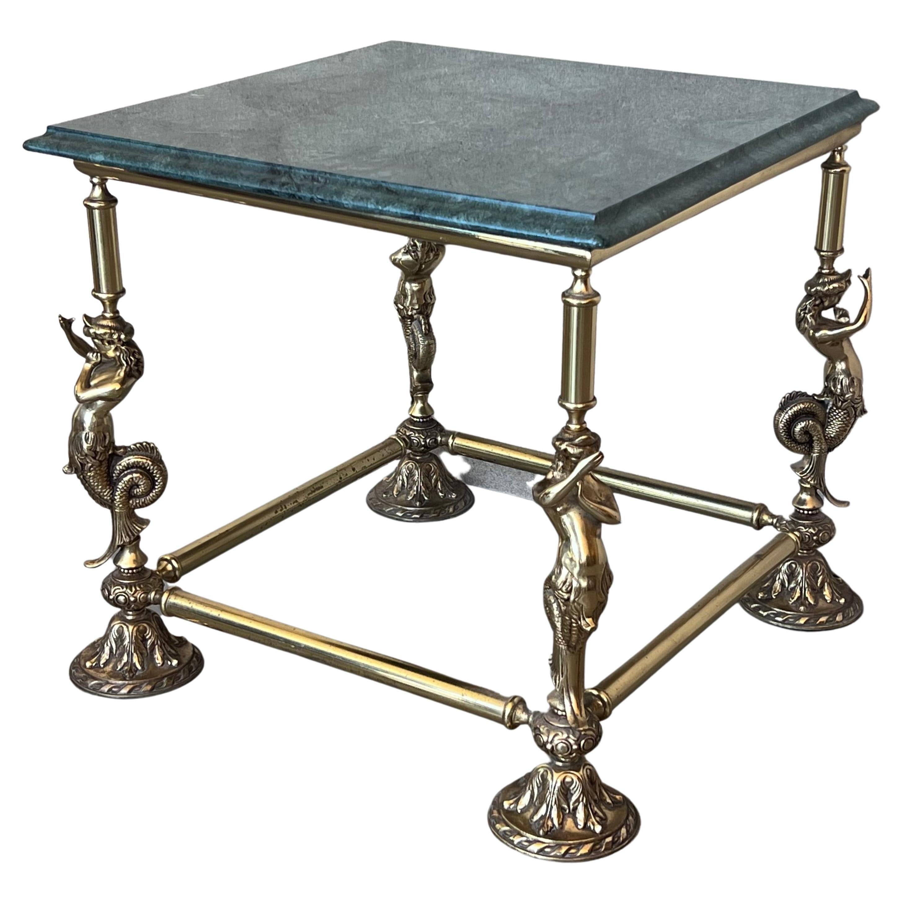 Italian Bronze Square Side Table with Green Marble Top, circa 1845 For Sale