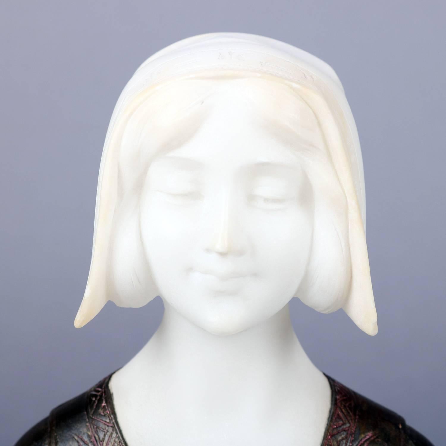 Italienische Bronze- und Alabasterporträt-Skulptur Dante's Beatrice, signiert (Handgeschnitzt)