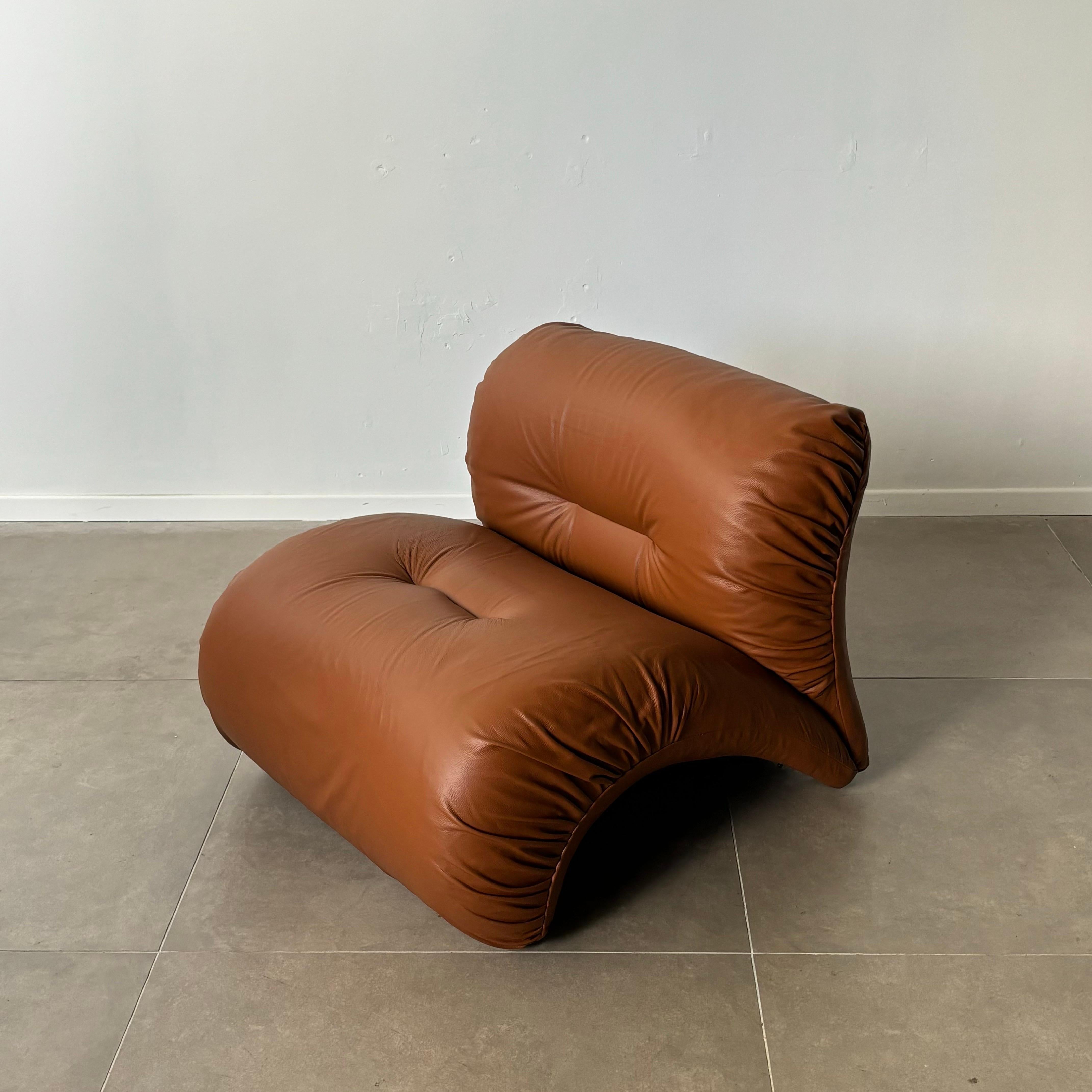 Leather Italian brown aniline leather lounge chair, 1970s
