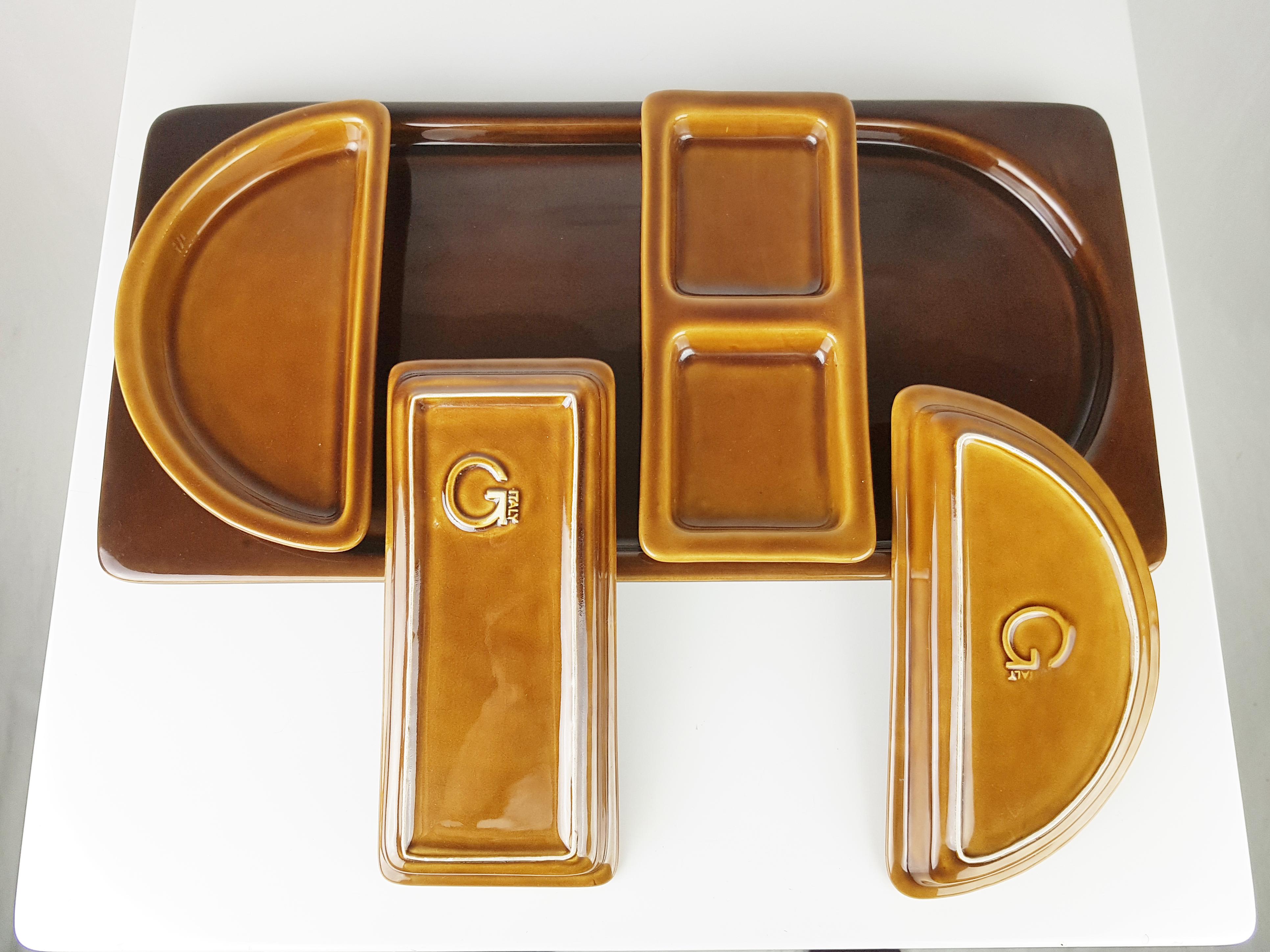 Mid-20th Century Italian Brown Glazed Ceramic Appetizer by F. Bettonica for Gabbianelli, 1965 For Sale
