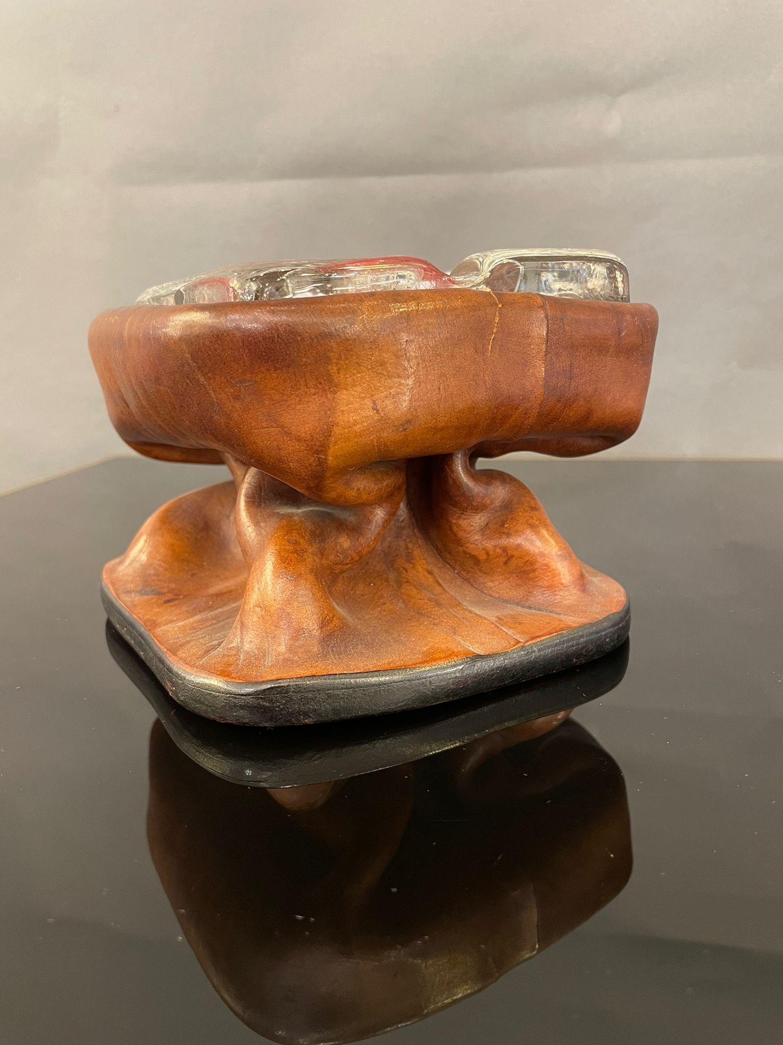 Italian Brown Leather and Glass Ashtray, Circa 1950s In Good Condition For Sale In London, GB