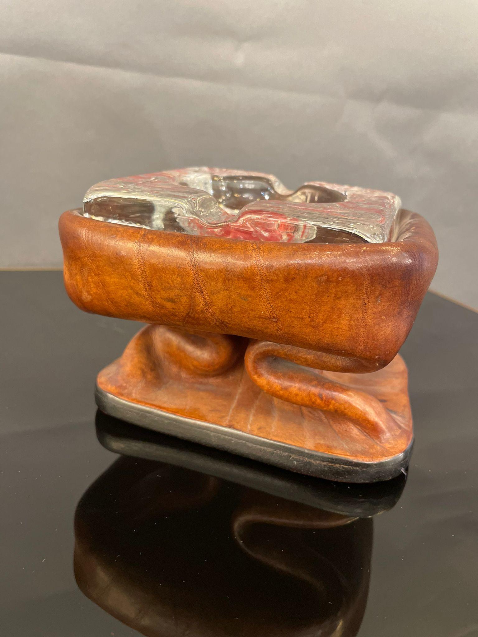 Italian Brown Leather and Glass Ashtray, Circa 1950s For Sale 2