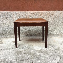 Italian Brown Leather and dark solid wood Pouf, 1960s