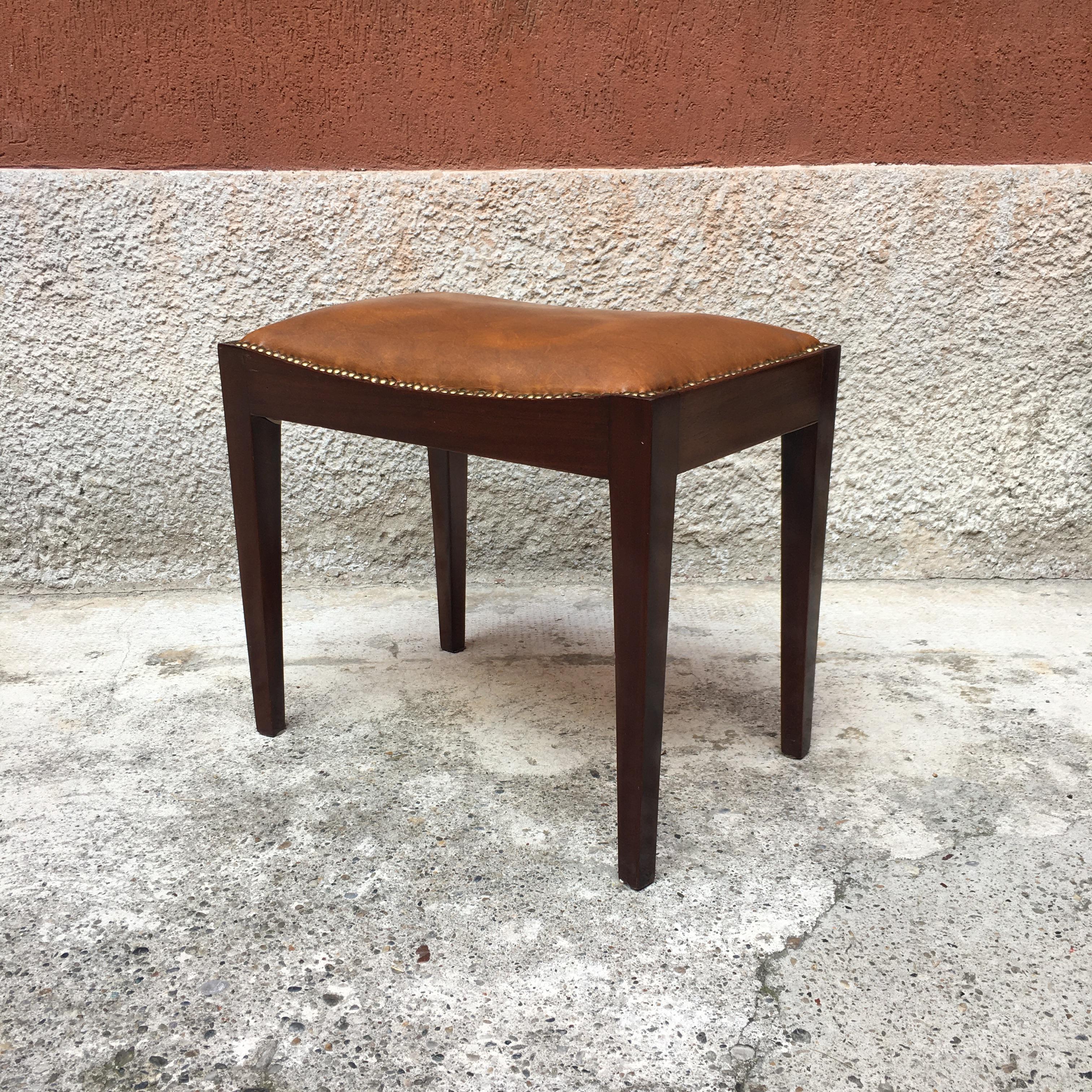 Mid-Century Modern Italian Brown Leather and dark solid wood Pouf, 1960s For Sale