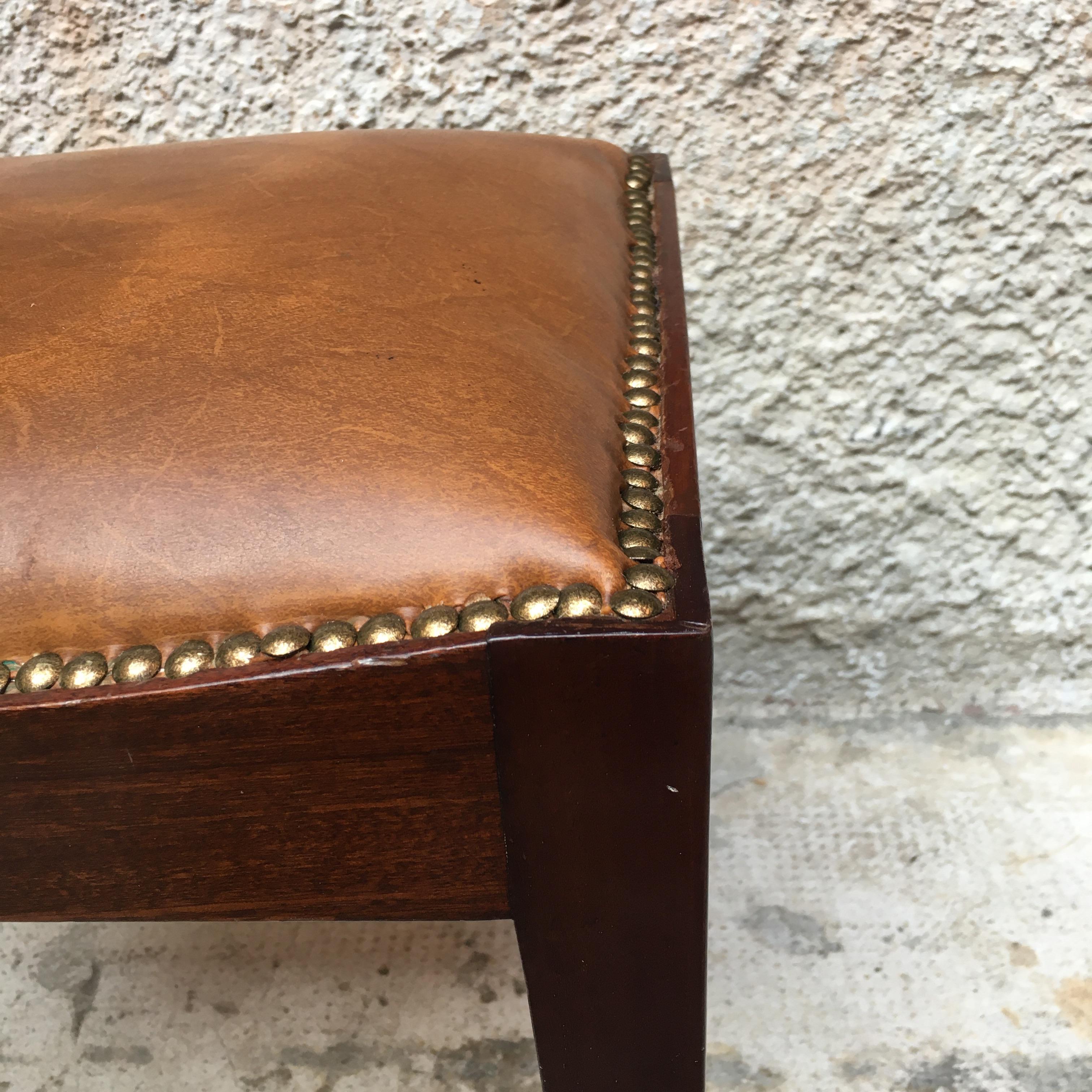 Italian Brown Leather and dark solid wood Pouf, 1960s For Sale 1