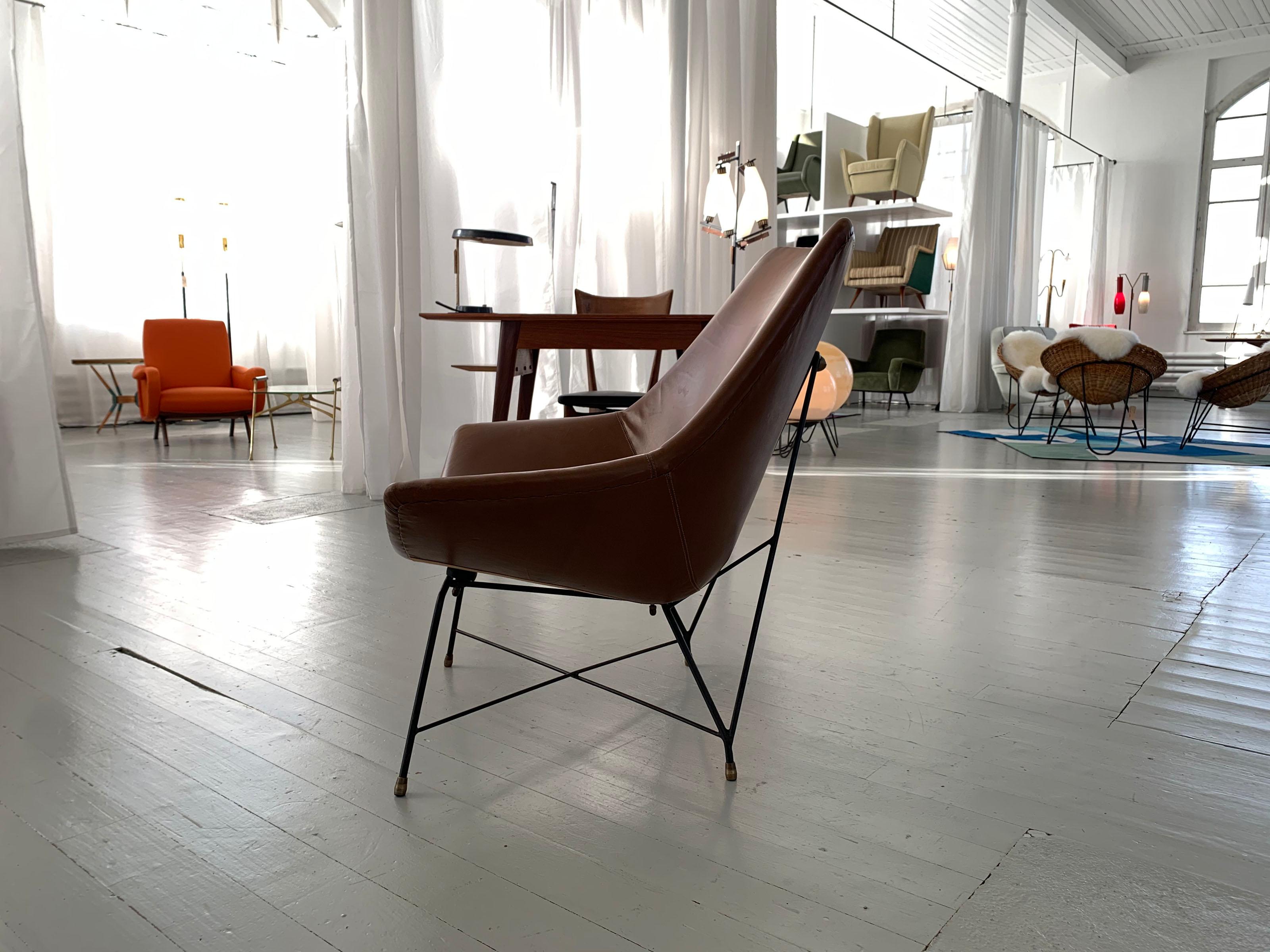 Italian Brown Leather Kosmos Chair Design by Augusto Bozzi for Saporiti, 1954 For Sale 5
