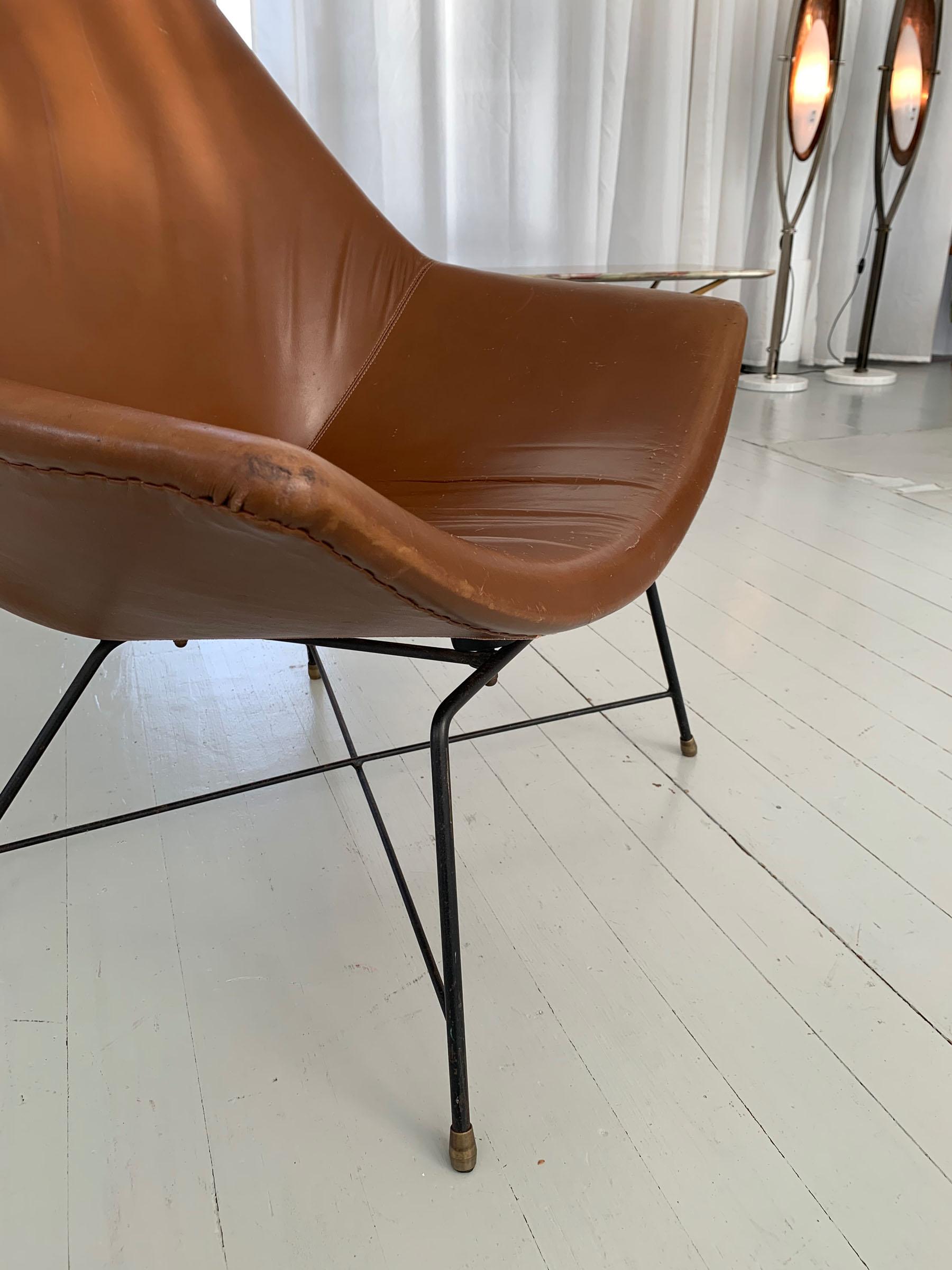 Italian Brown Leather Kosmos Chair Design by Augusto Bozzi for Saporiti, 1954 For Sale 7