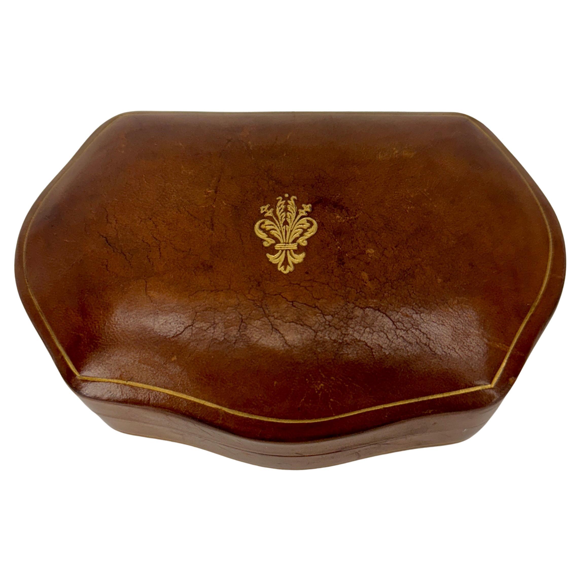 Mid-Century Modern Italian Brown Leather Red Velvet Lined Jewelry Box For Sale