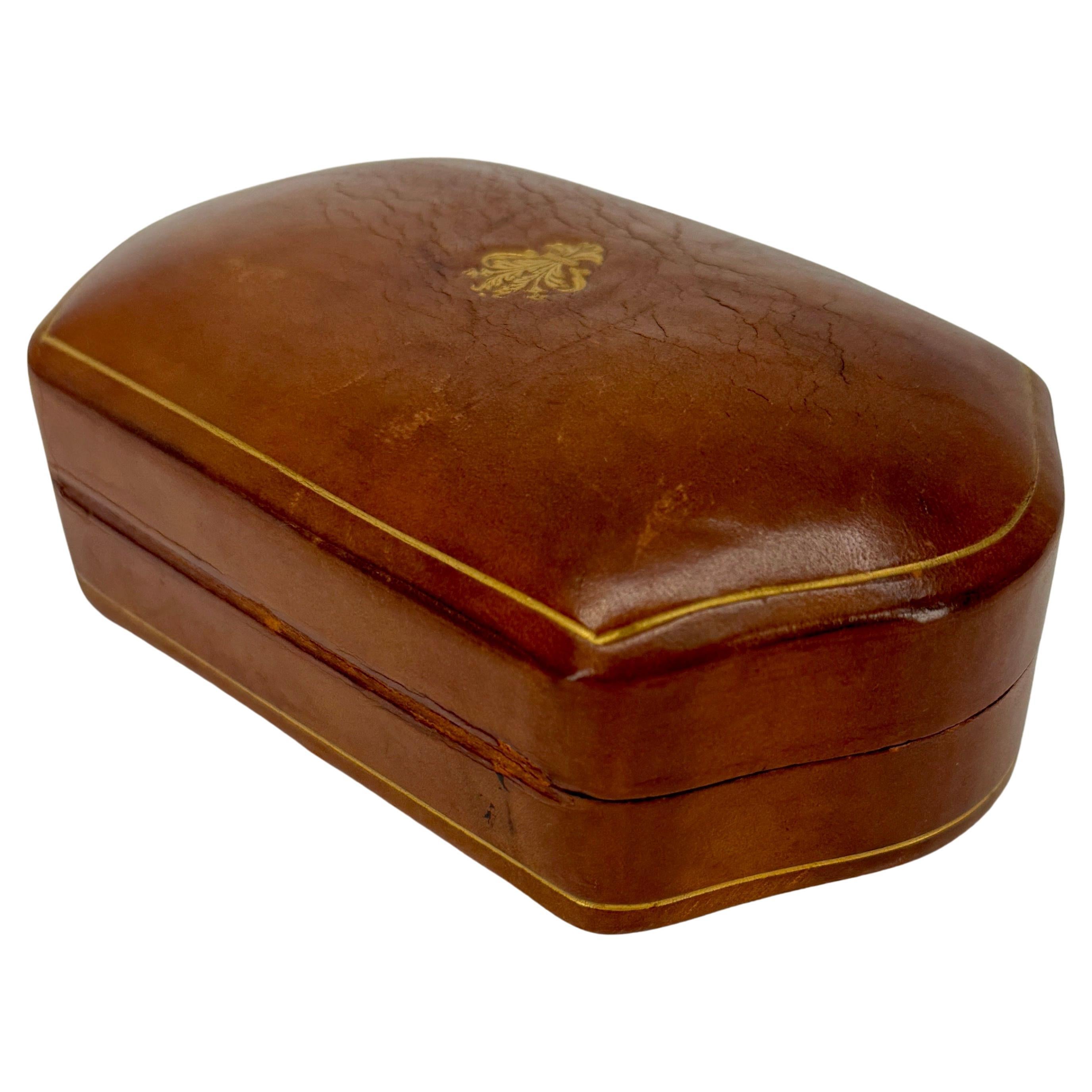 Italian Brown Leather Red Velvet Lined Jewelry Box For Sale 1