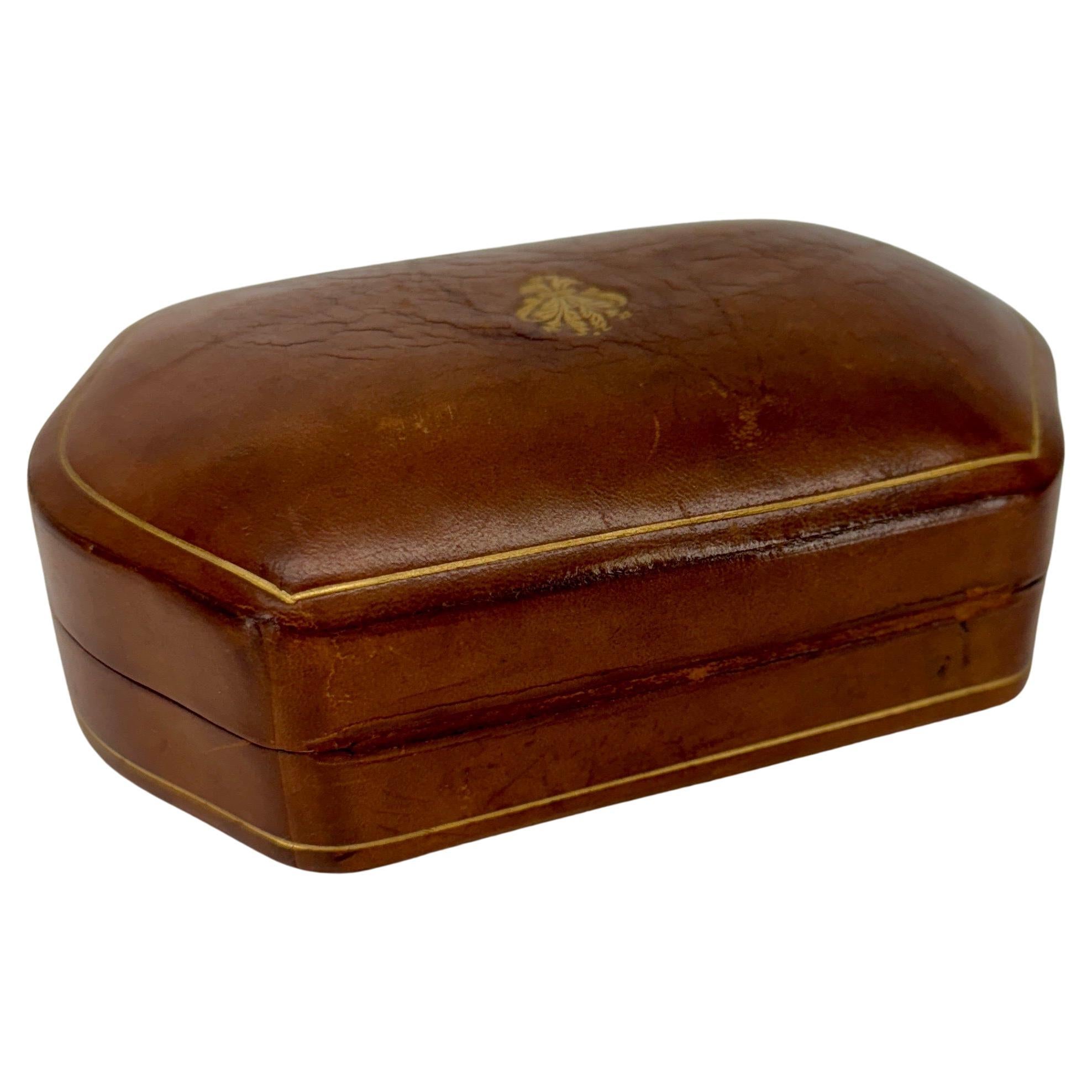 Italian Brown Leather Red Velvet Lined Jewelry Box For Sale 2