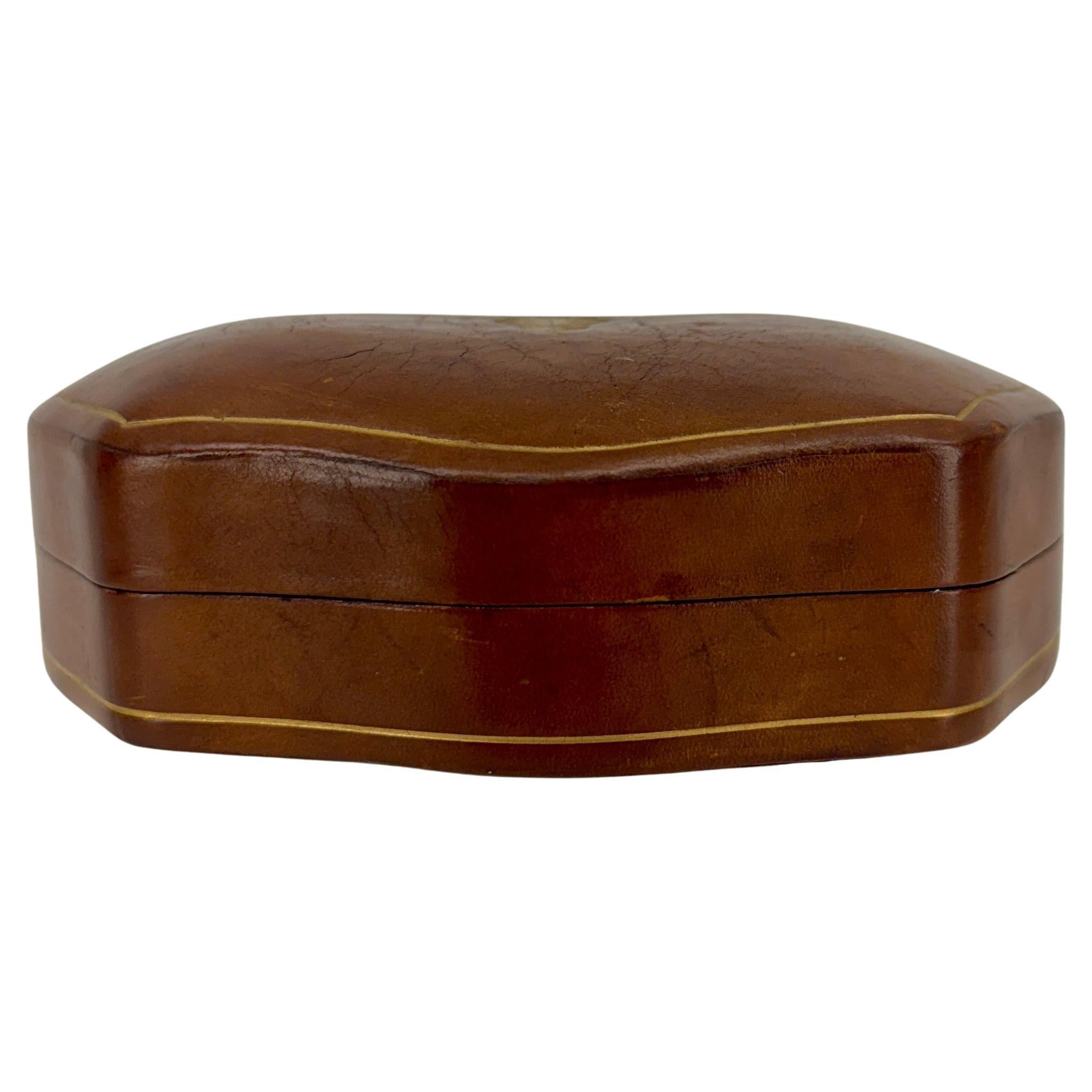 Italian Brown Leather Red Velvet Lined Jewelry Box For Sale 3