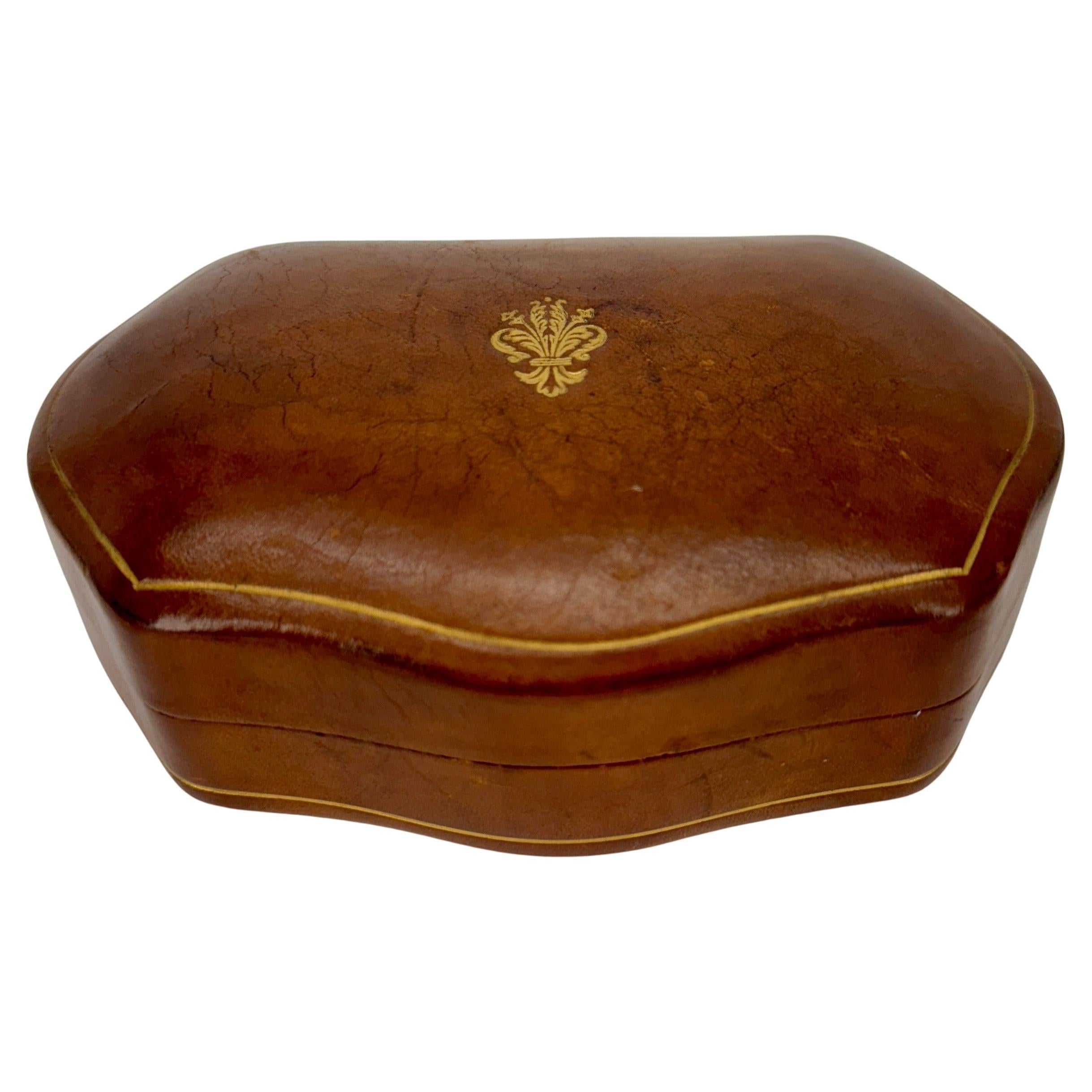 Italian Brown Leather Red Velvet Lined Jewelry Box For Sale
