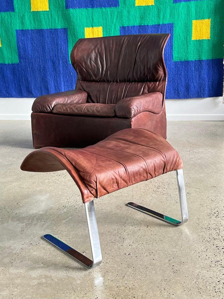 Italian Brown Leather Vela Alta Armchair by Giovanni Offredi for Saporiti 1970 In Good Condition For Sale In Byron Bay, NSW