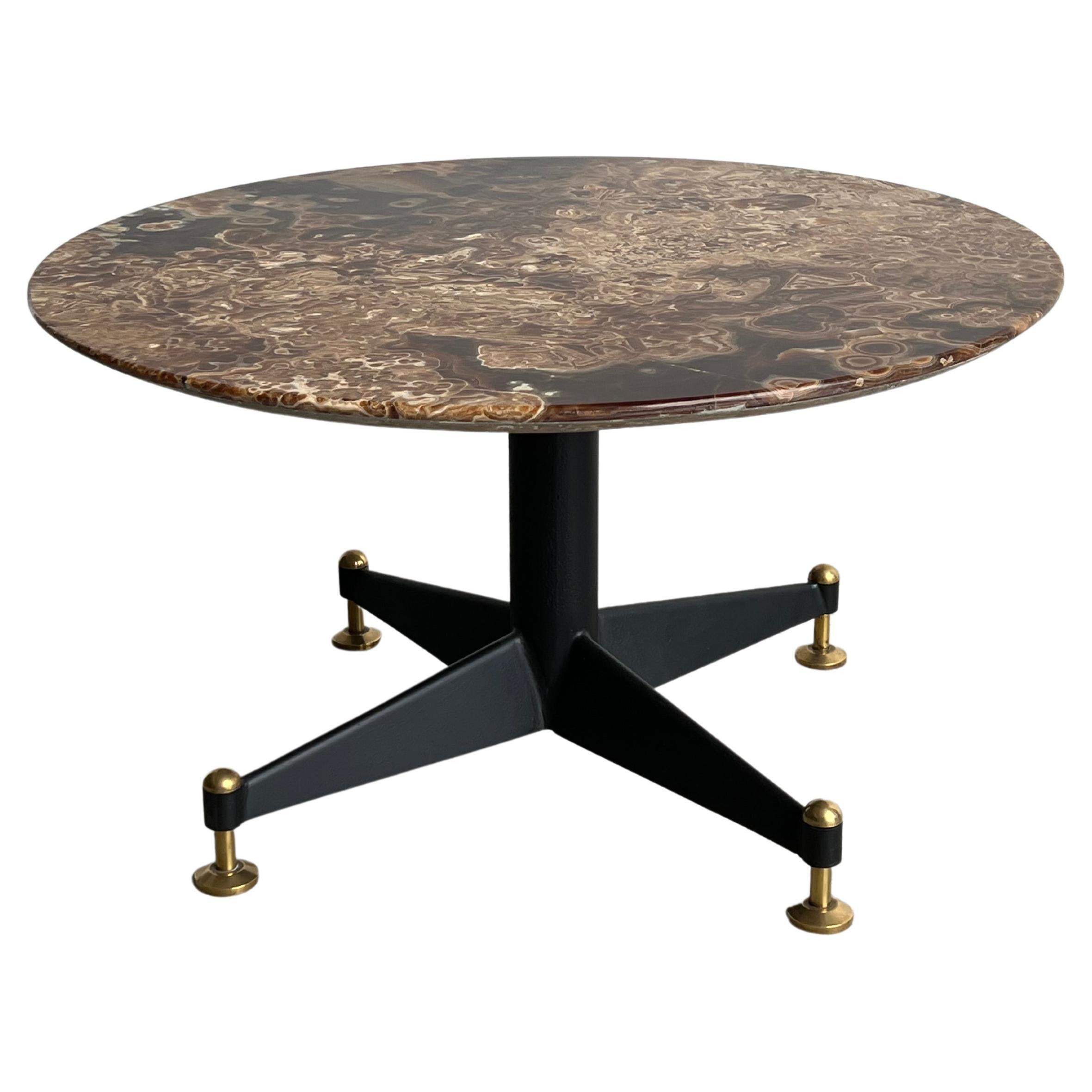 Italian Brown Marble and Brass Round Coffee Table, 1960s