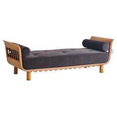 Italian Brown Mohair Chaise with Wood Base Attributed to Paolo Buffa, 1950s