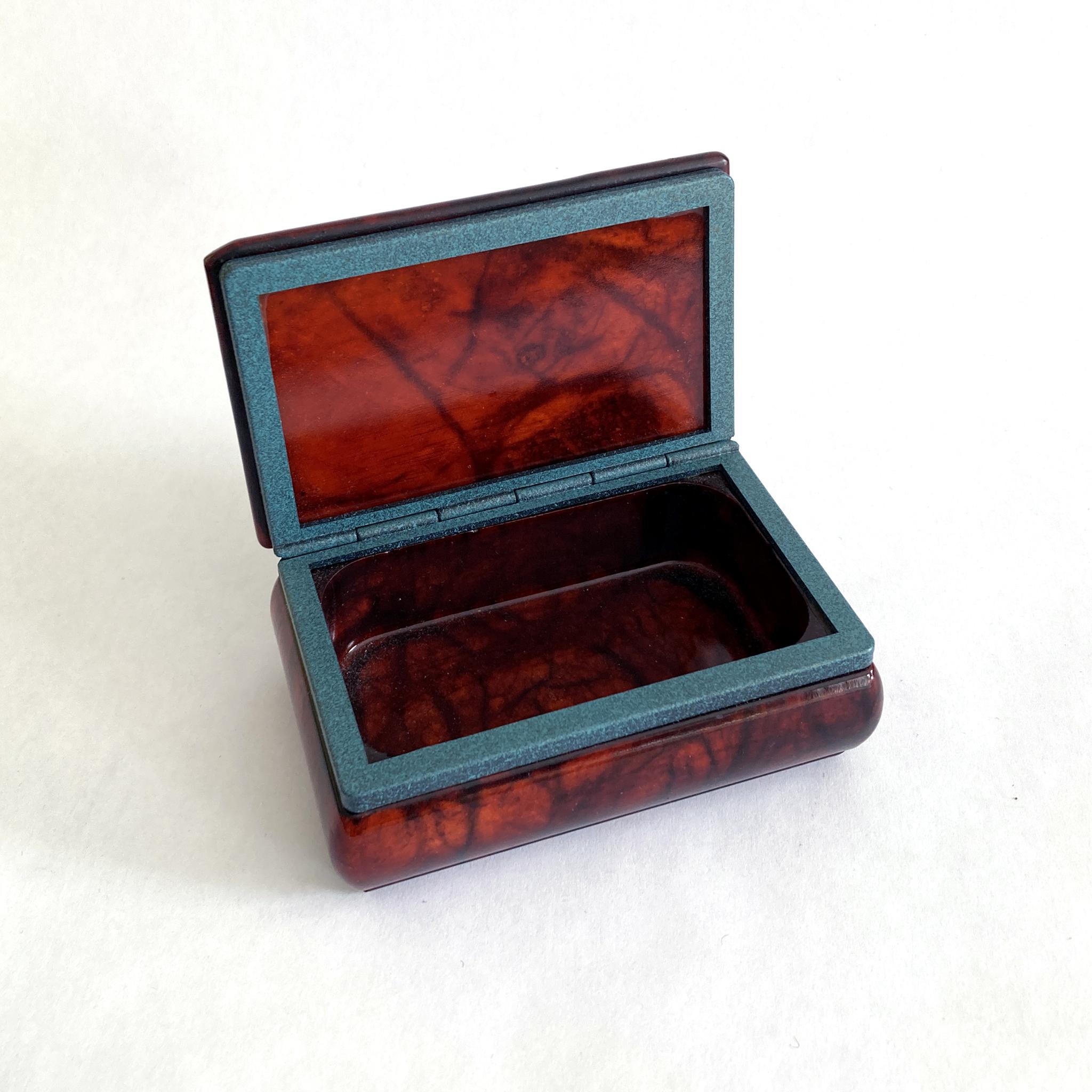 Hand-Carved Alabaster Rectangular Hinged Box in Brown Red with Blue Hinge, Italian, 1970s