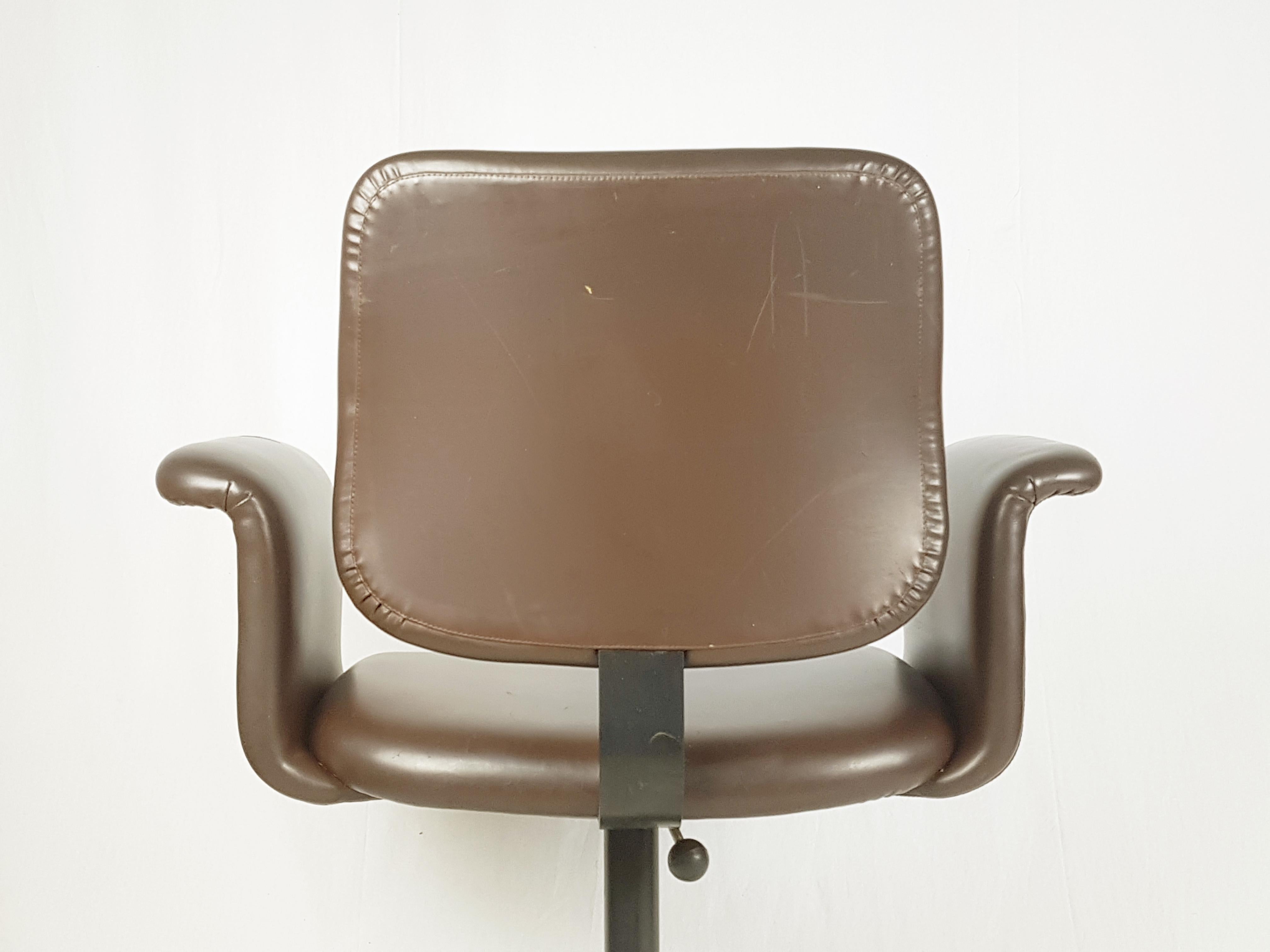 Space Age Italian Brown Skai & Metal 1960/70s Wheeled Office Chair