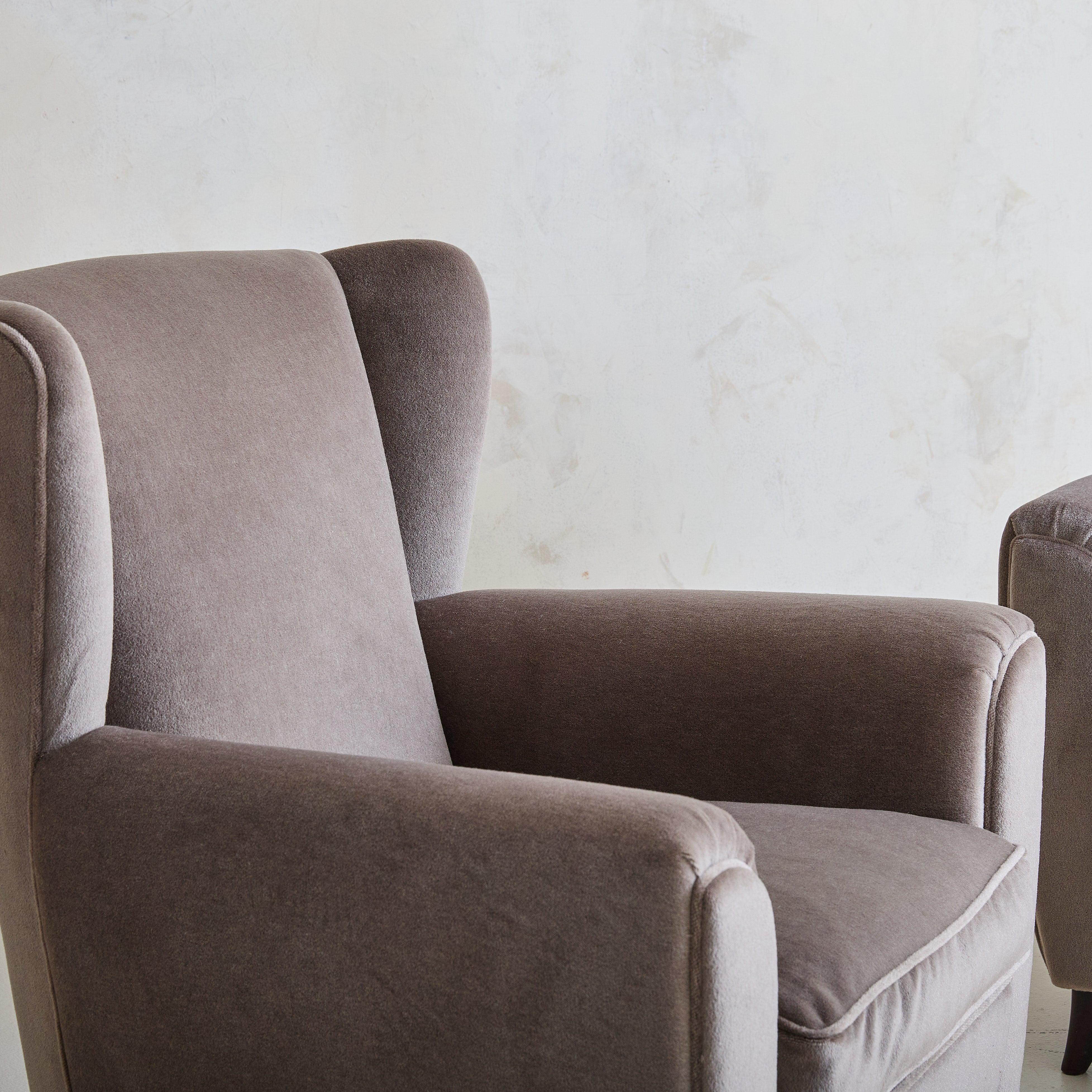 Mid-20th Century Italian Brown Velvet Wingback Lounge Chair, 1950s - 2 Available For Sale
