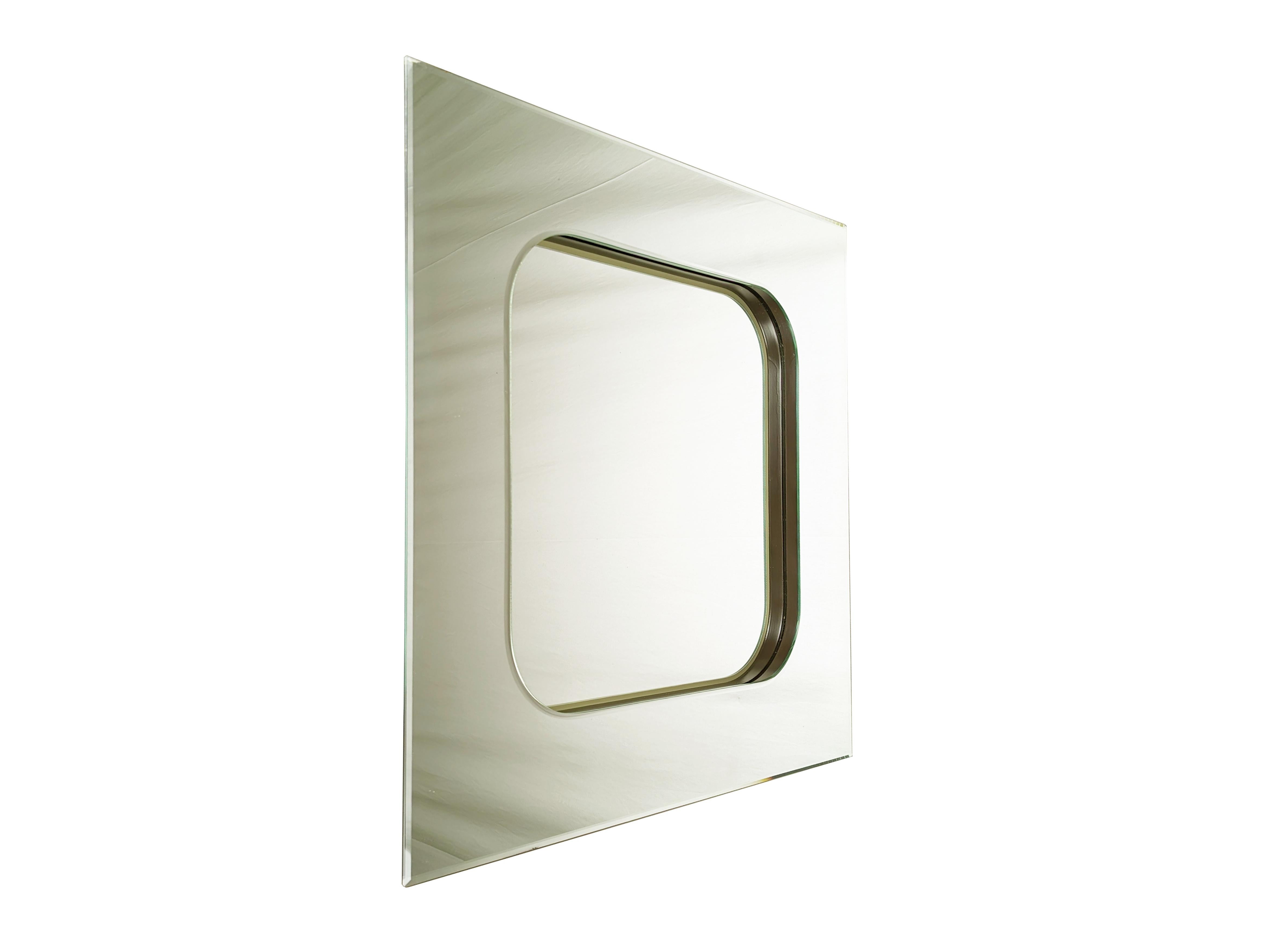 Italian brown wood & Mirrored Glass square Mirror , 1970s For Sale 2