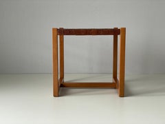 Italian Brown Worn Leather Square Pouf Stool with Wood Base, 1960s, Italy