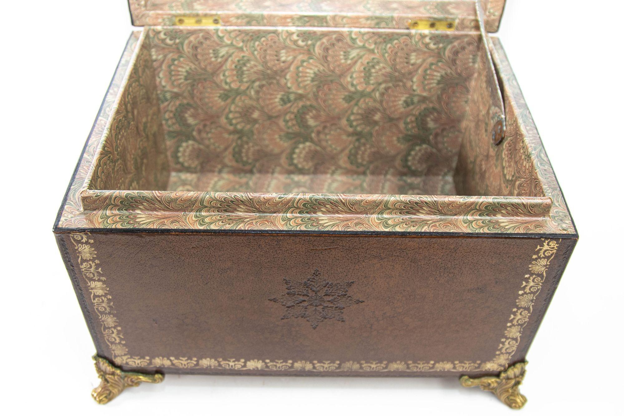 Italian Brown Wrapped Leather Table Box with Gold Tooling and Brass Feet For Sale 5