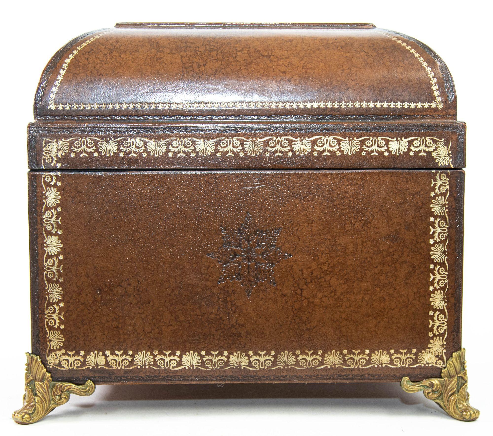 Italian Brown Wrapped Leather Table Box with Gold Tooling and Brass Feet For Sale 6