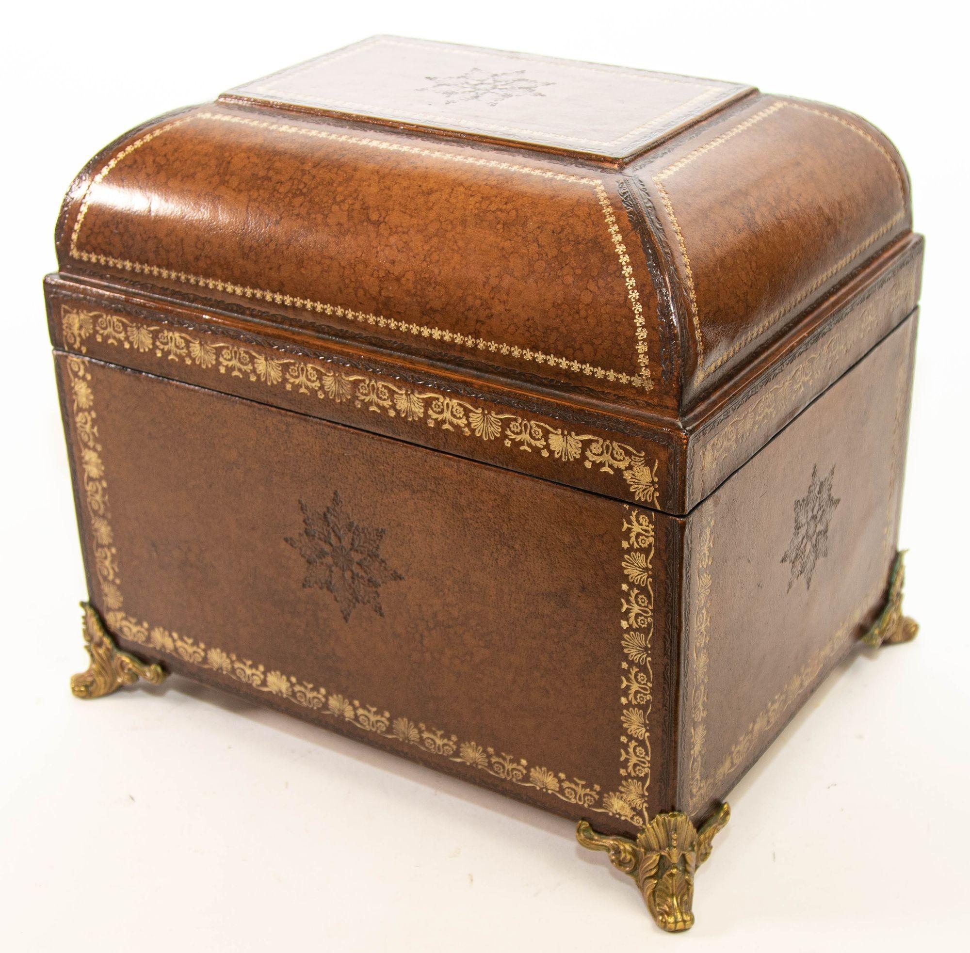 Italian Brown Wrapped Leather Table Box with Gold Tooling and Brass Feet For Sale 7
