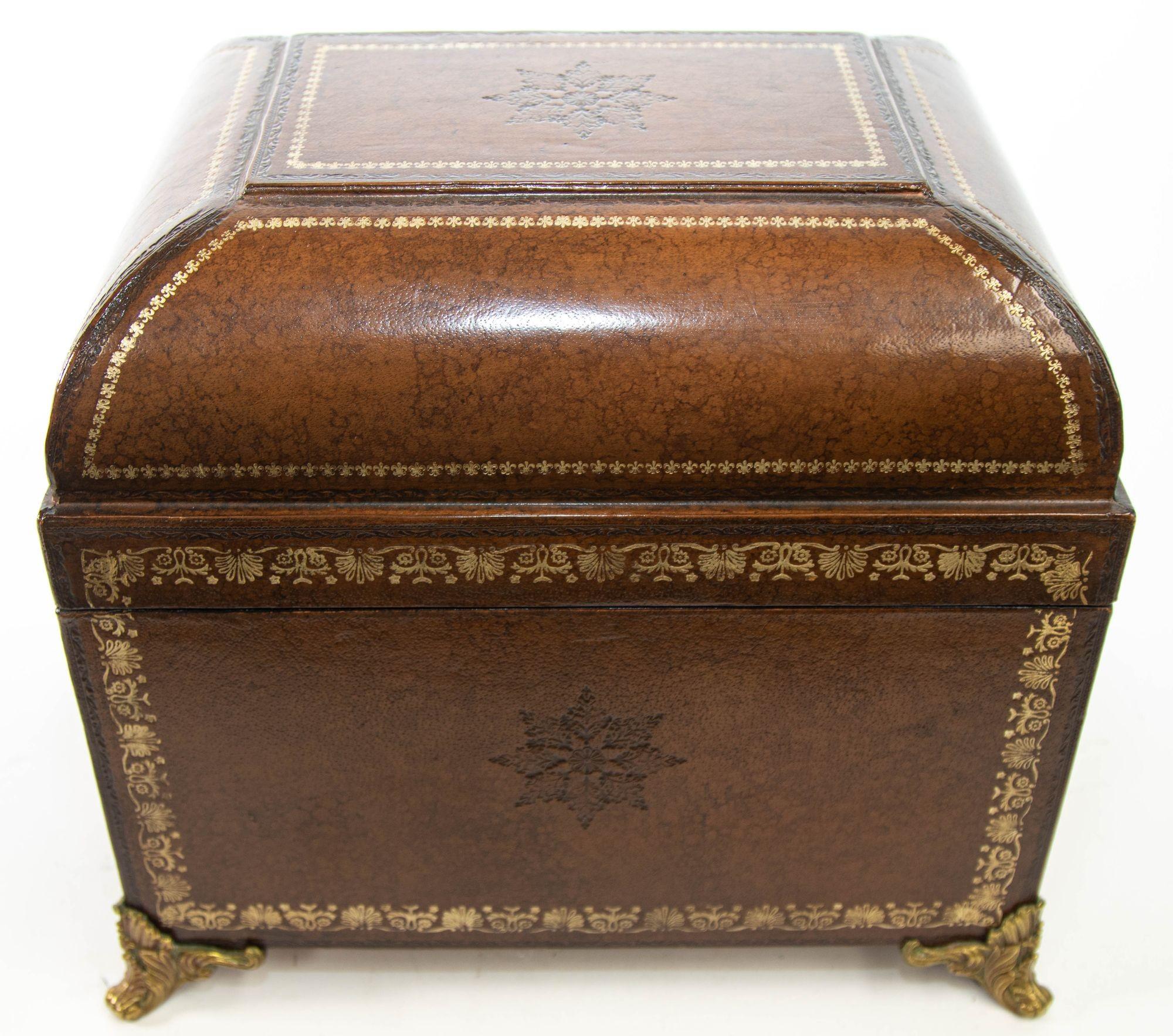Italian Brown Wrapped Leather Table Box with Gold Tooling and Brass Feet For Sale 9